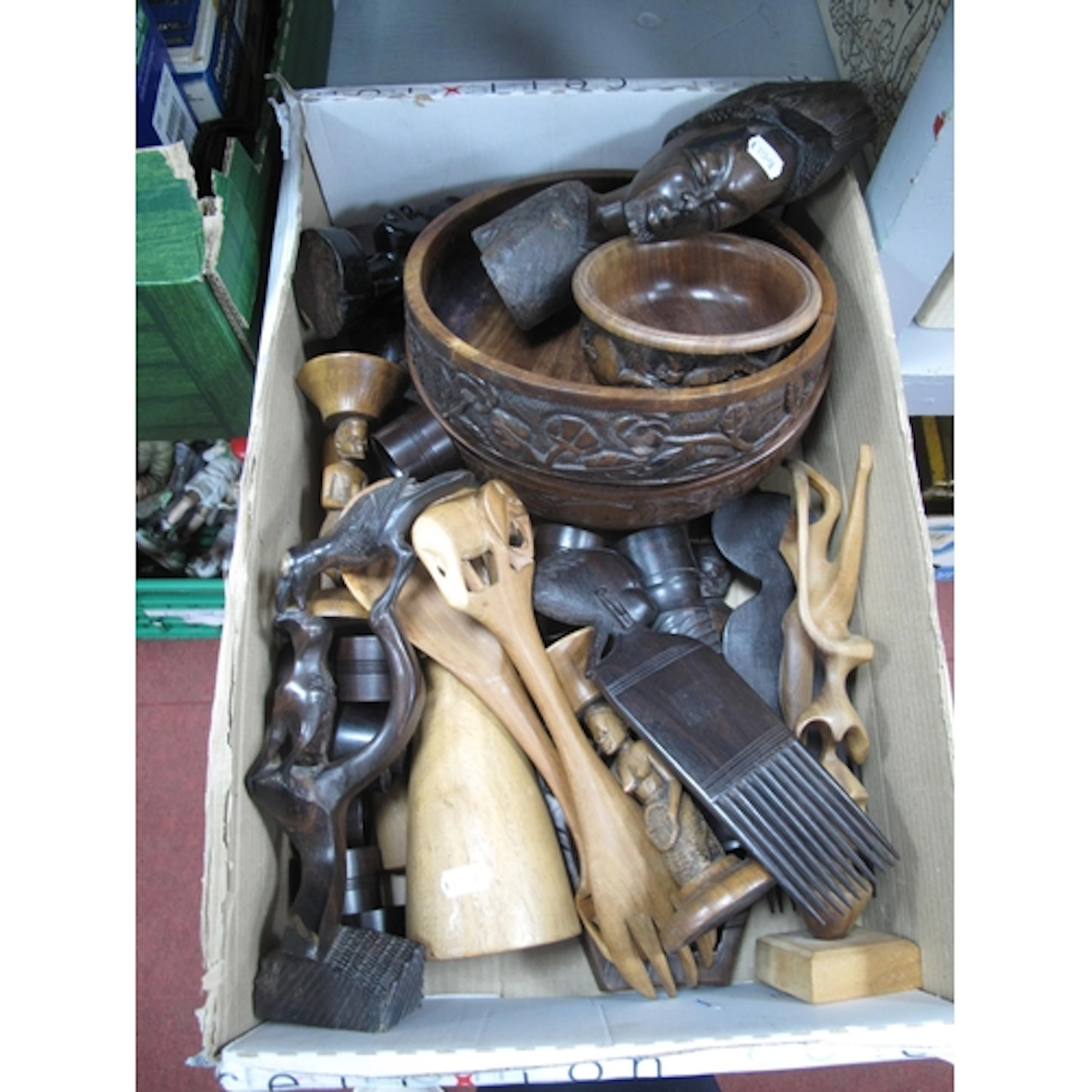 African wooden tribal art collection, including hardwood car...