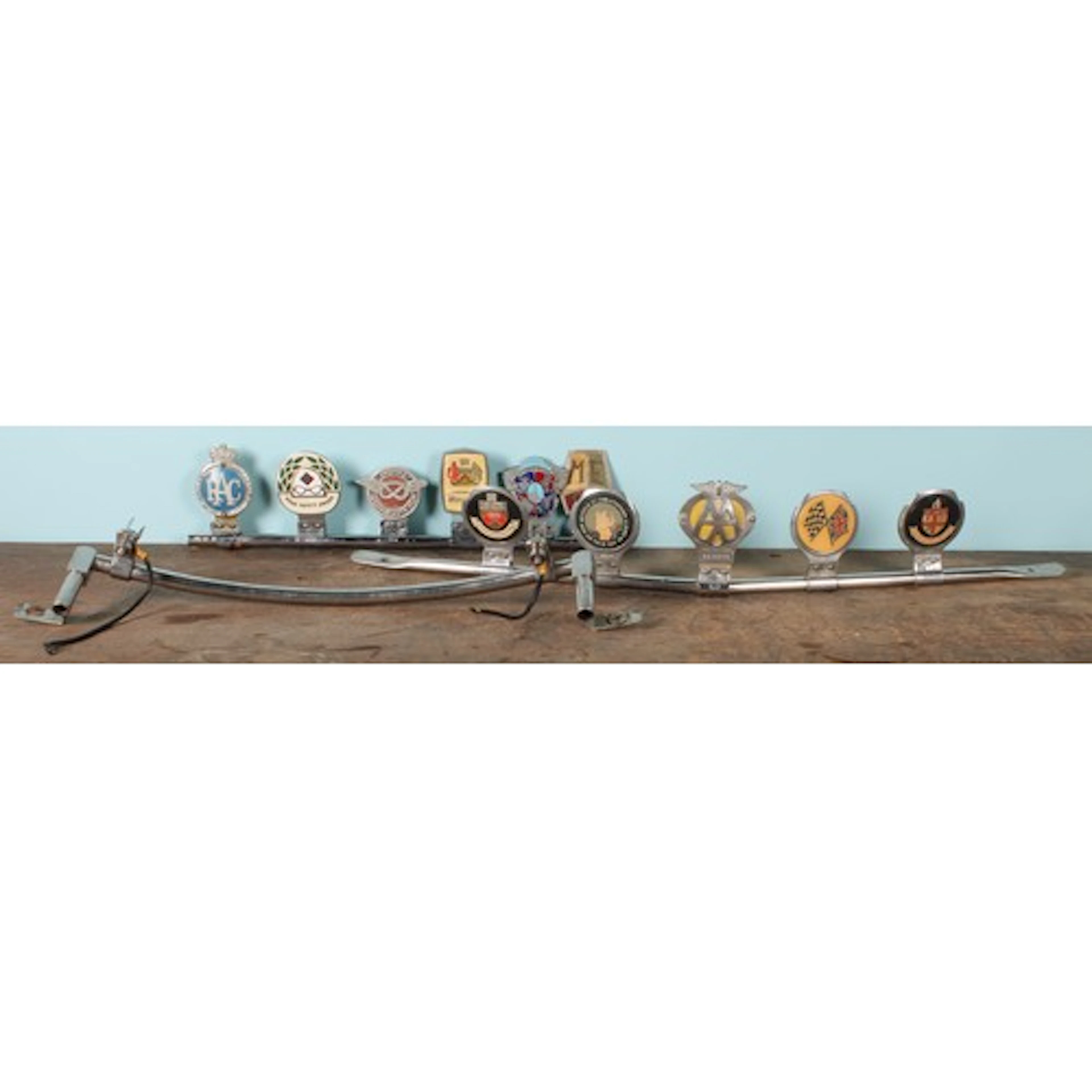 Automobilia - a vintage classic car badge bar, mounted with ...