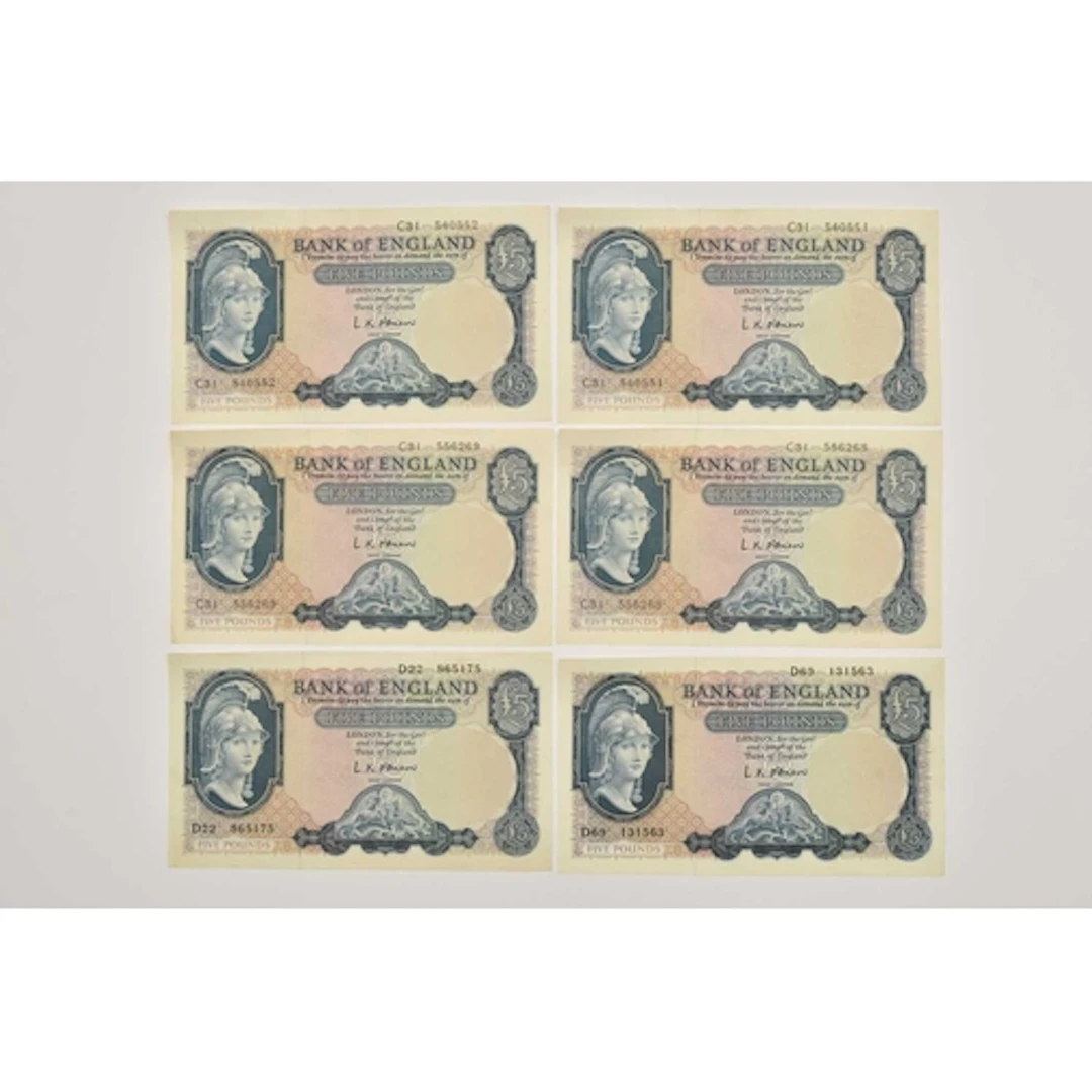 Banknotes. 6 x Five Pound Notes. O'Brien series B 1957 (Helm...