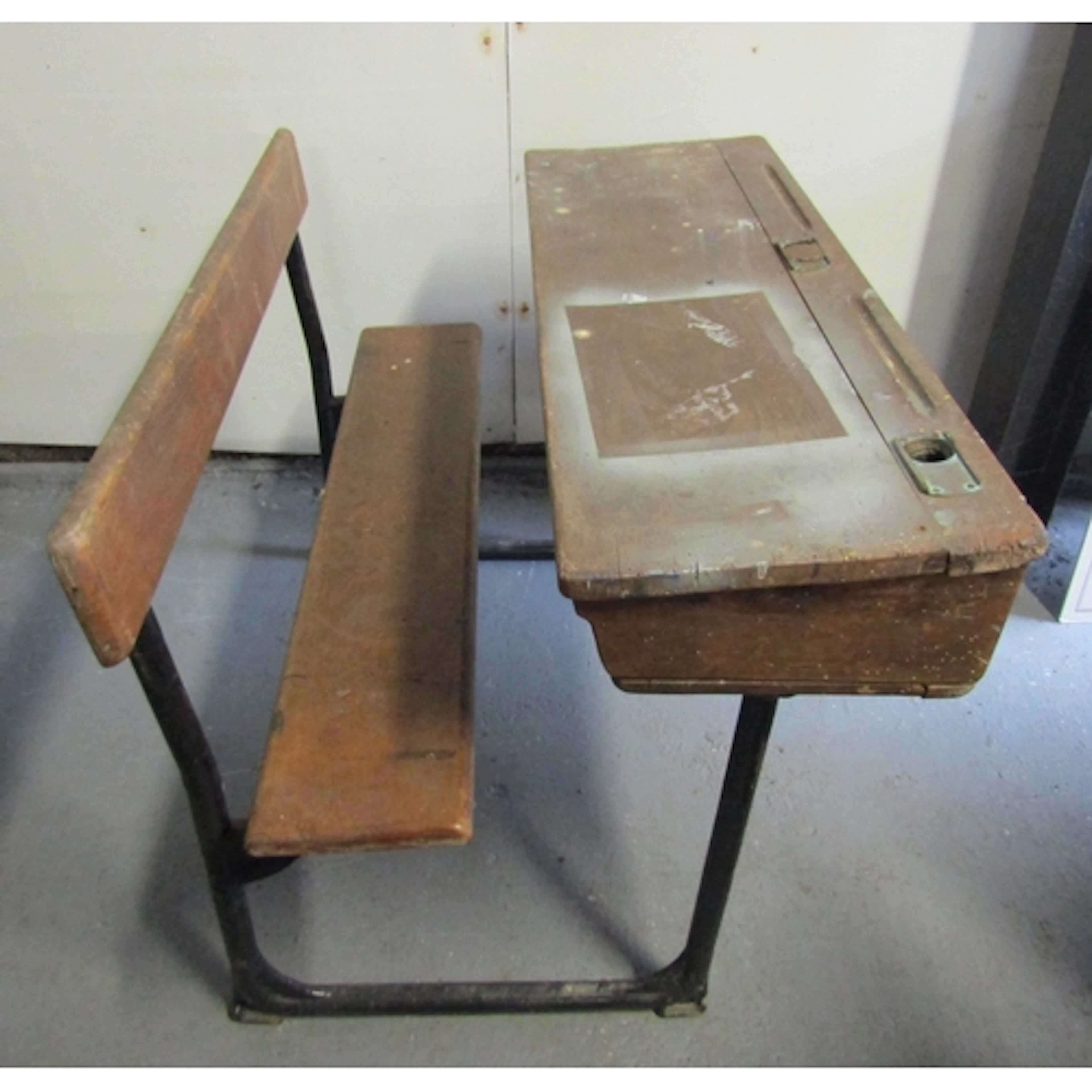 Antique Double Child's Schoolroom Desk Wrought Iron and Timb...