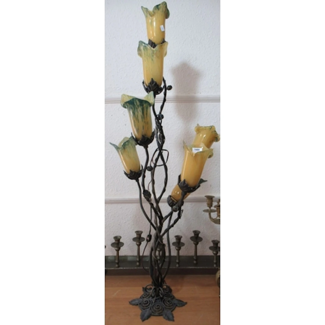 Reproduction patinated metal and mottled glass floor lamp, o...