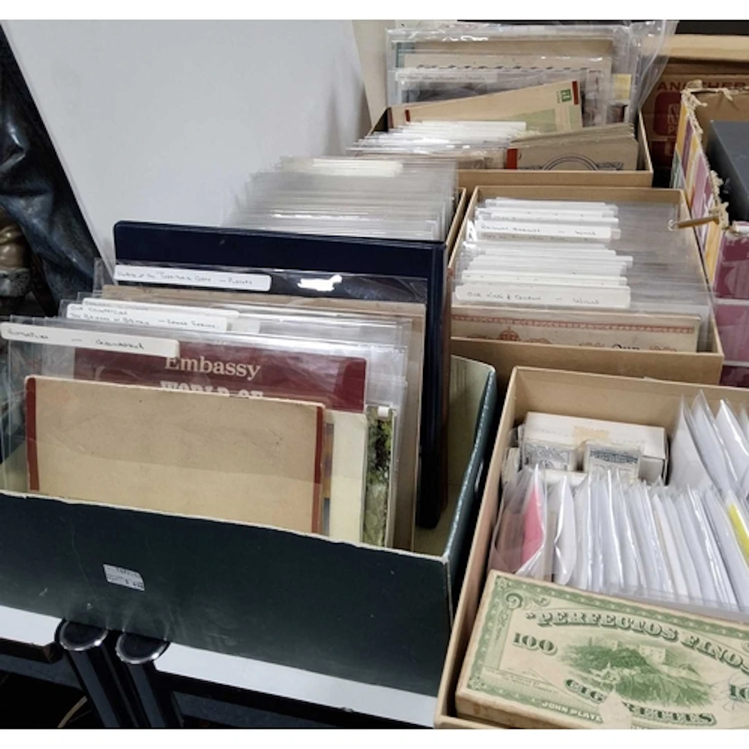 FIVE BOXES OF VINTAGE CIGARETTE CARDS AND PENNY ALBUMS, to i...