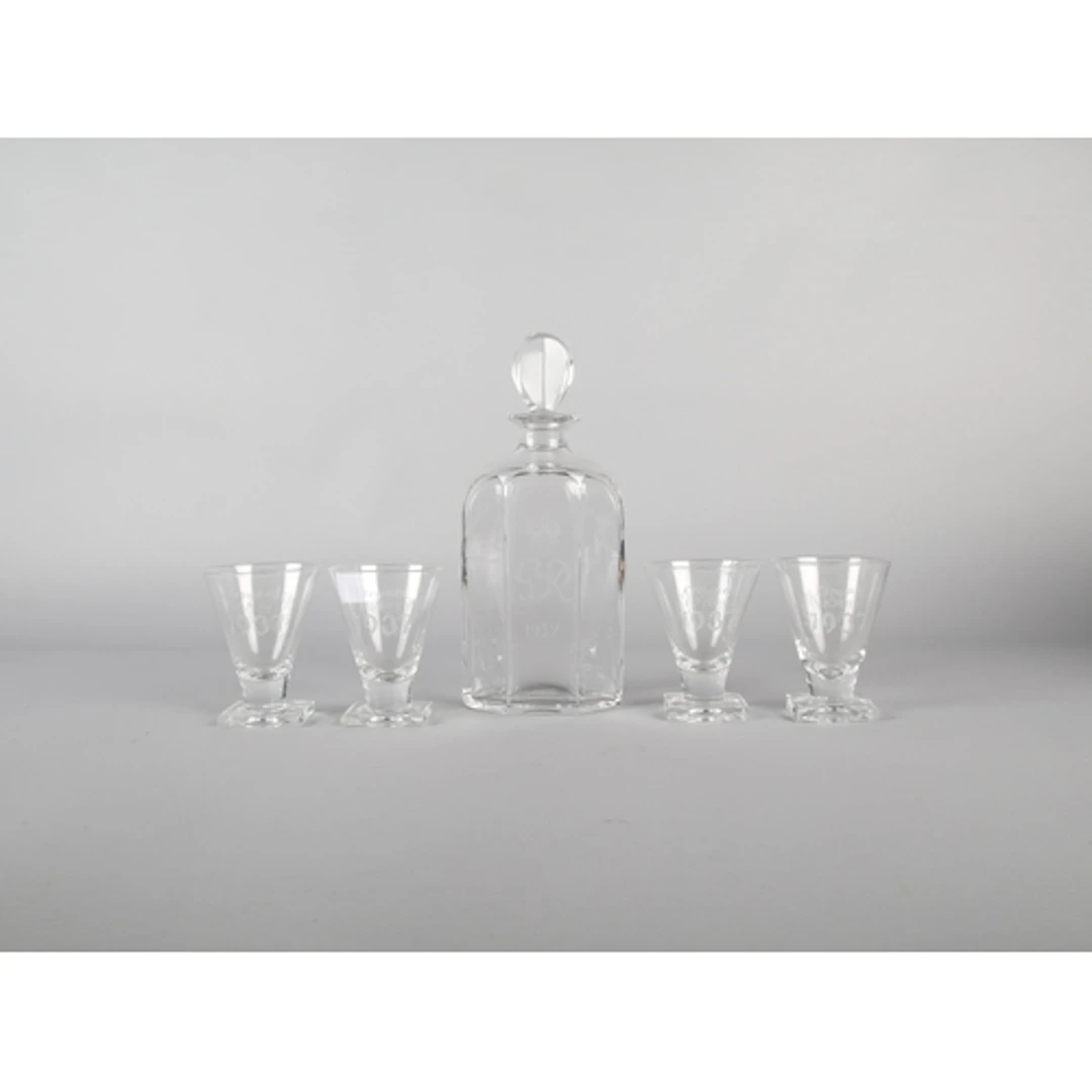 George VI 1937 decanter set to include four glasses, engrave...