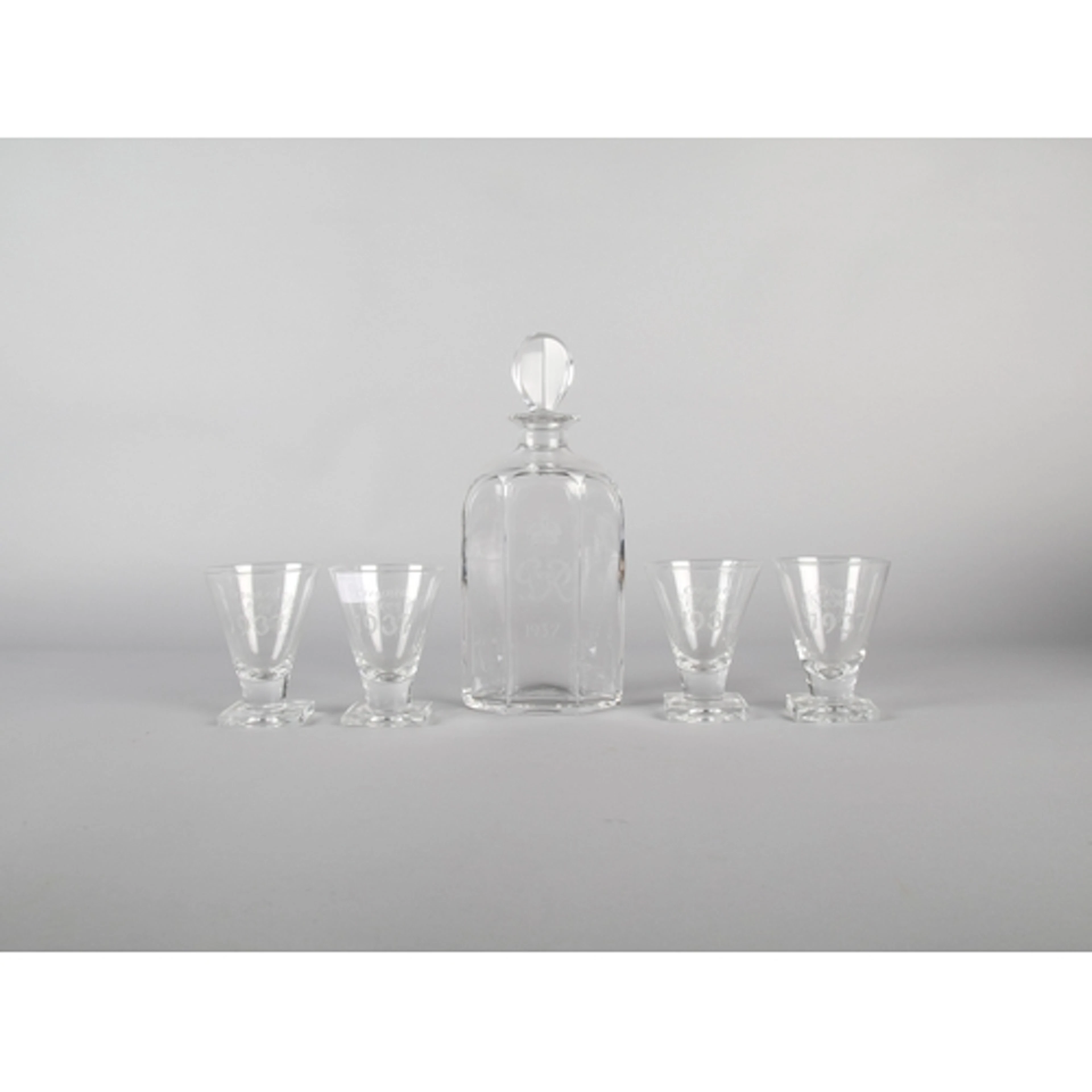 George VI 1937 decanter set to include four glasses, engrave...
