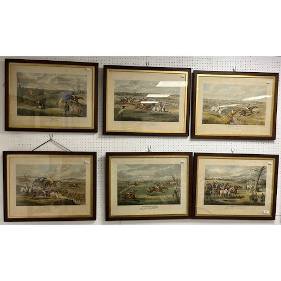 Six various framed lithographs of "Steeple Chase", each meas...