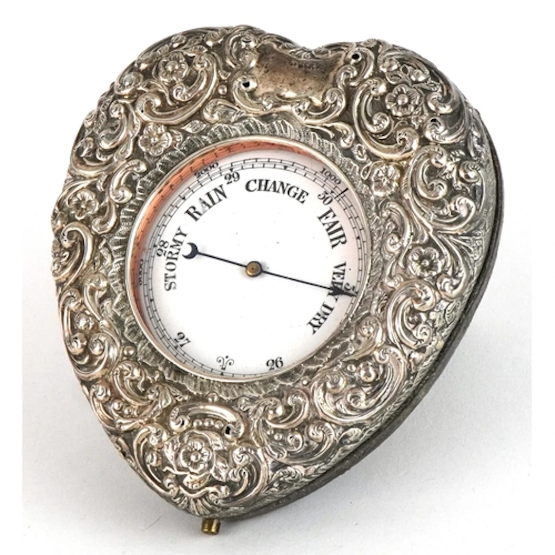 Henry Matthews, Victorian silver barometer stand profusely e...