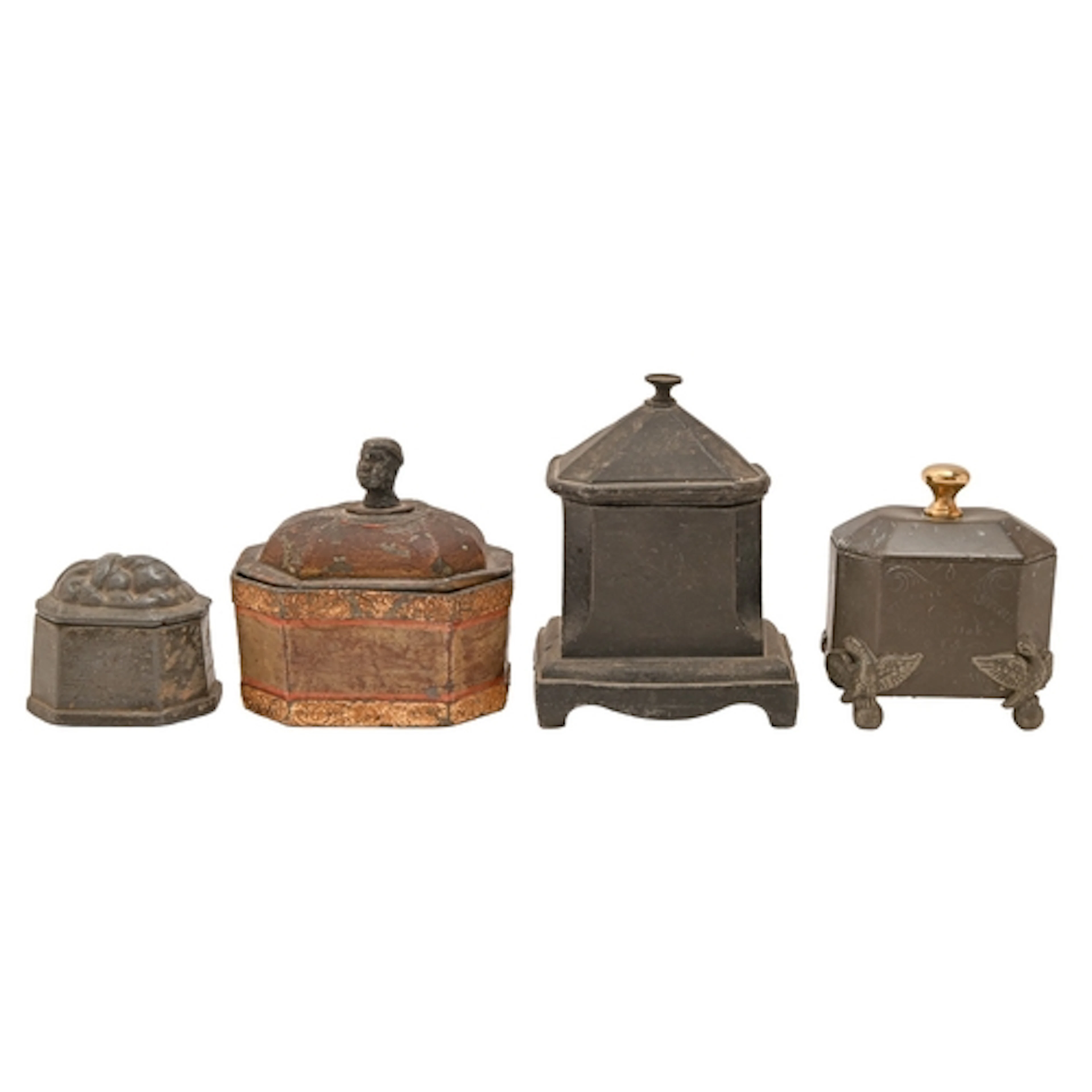 Four George IV-Victorian lead tobacco jars and covers, sever...