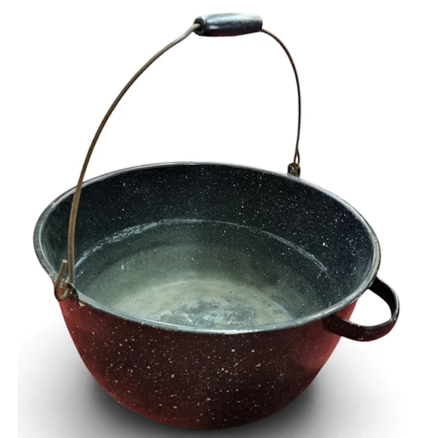 A large grey speckled enamel preserving Kettle with overhead...