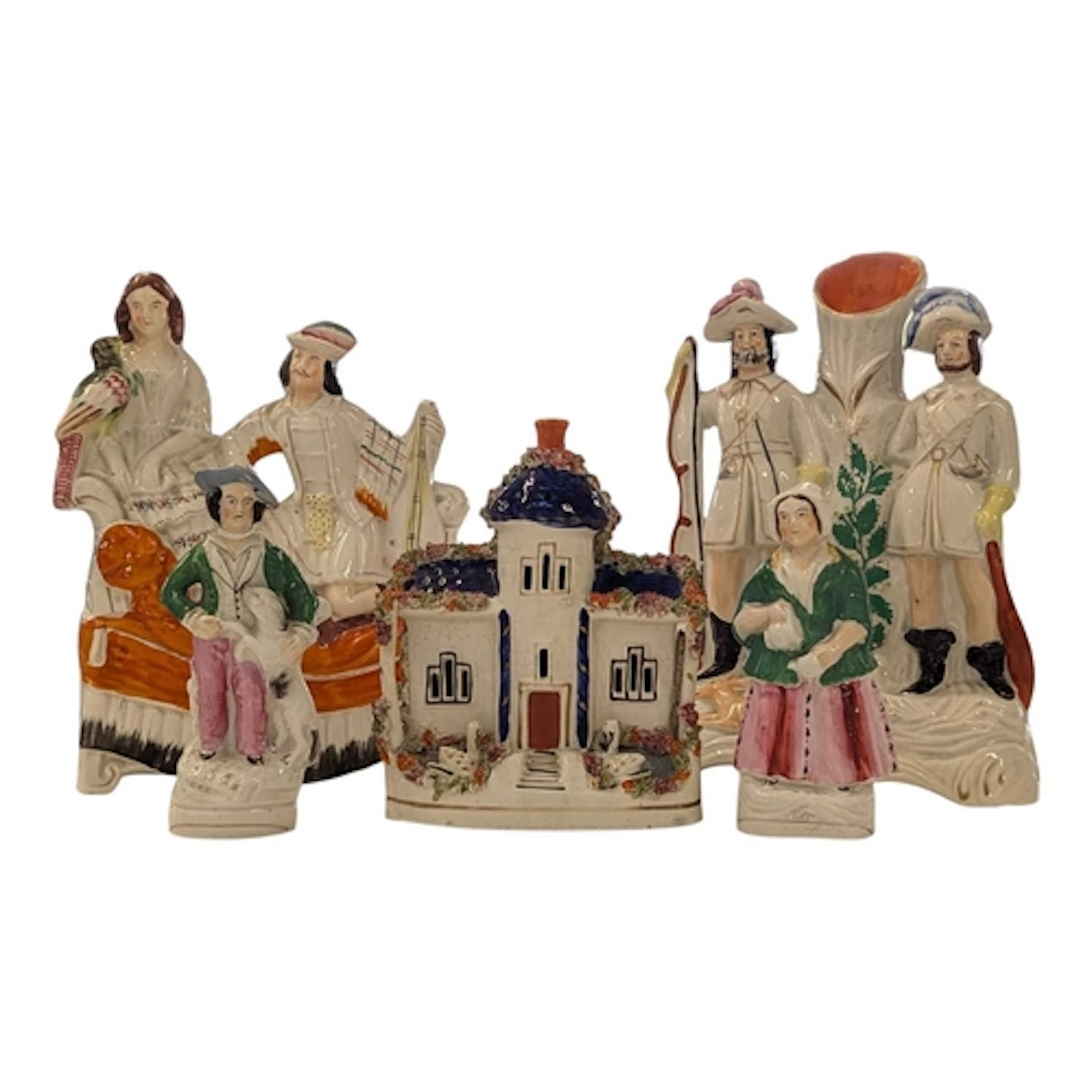A collection of five mid 19th century Staffordshire flatback...