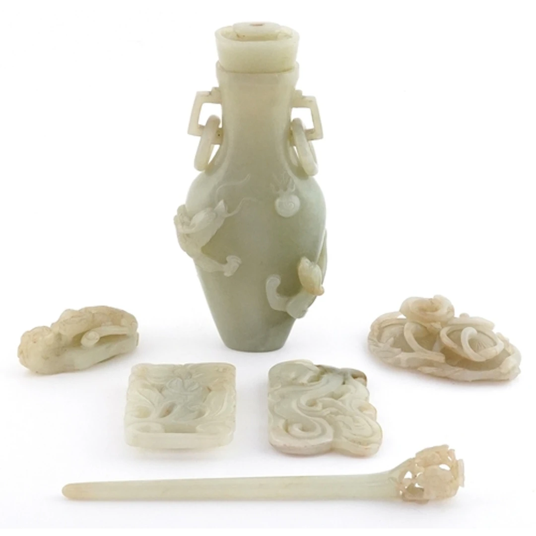 Collection of Chinese carved stone objects including scent b...