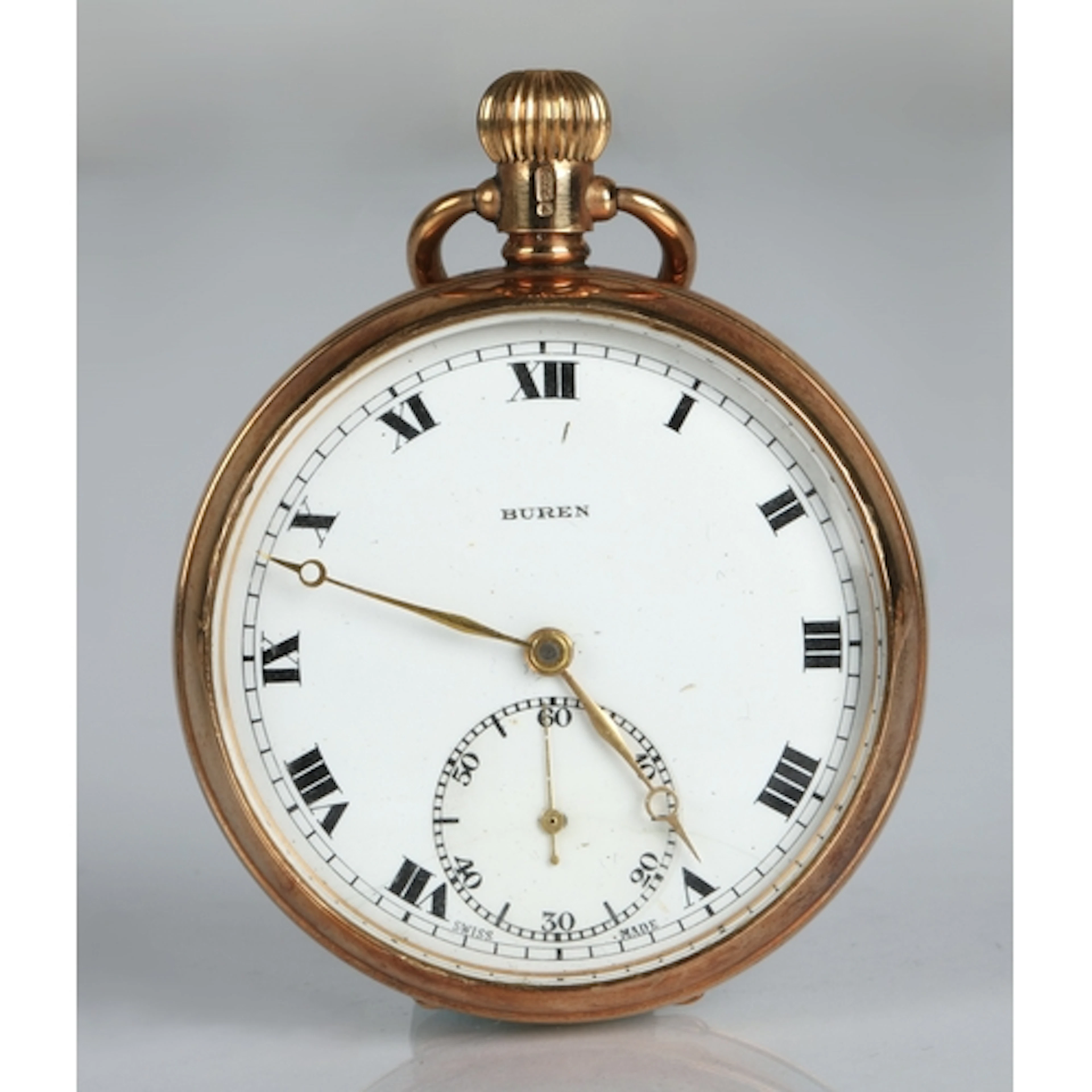 9ct gold open face pocket watch by Buren, white enamel dial ...