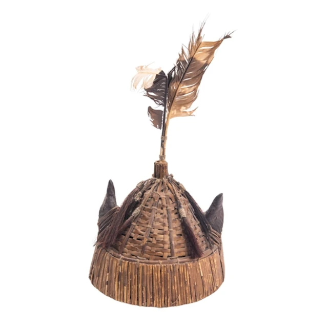 A Naga warriors type hat, two feathers above the woven conic...