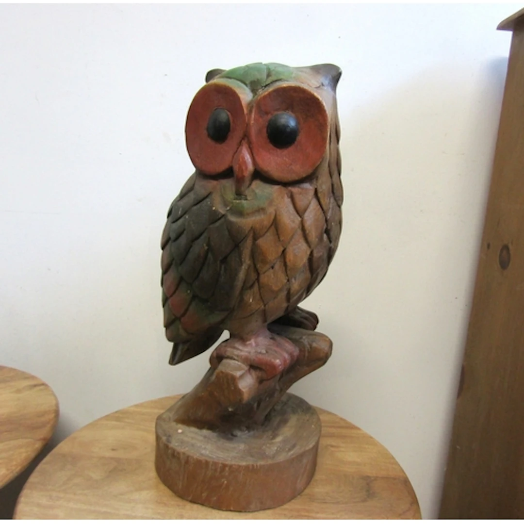 Carved Wooden Sculpture of Owl Circular Base Approximately 1...