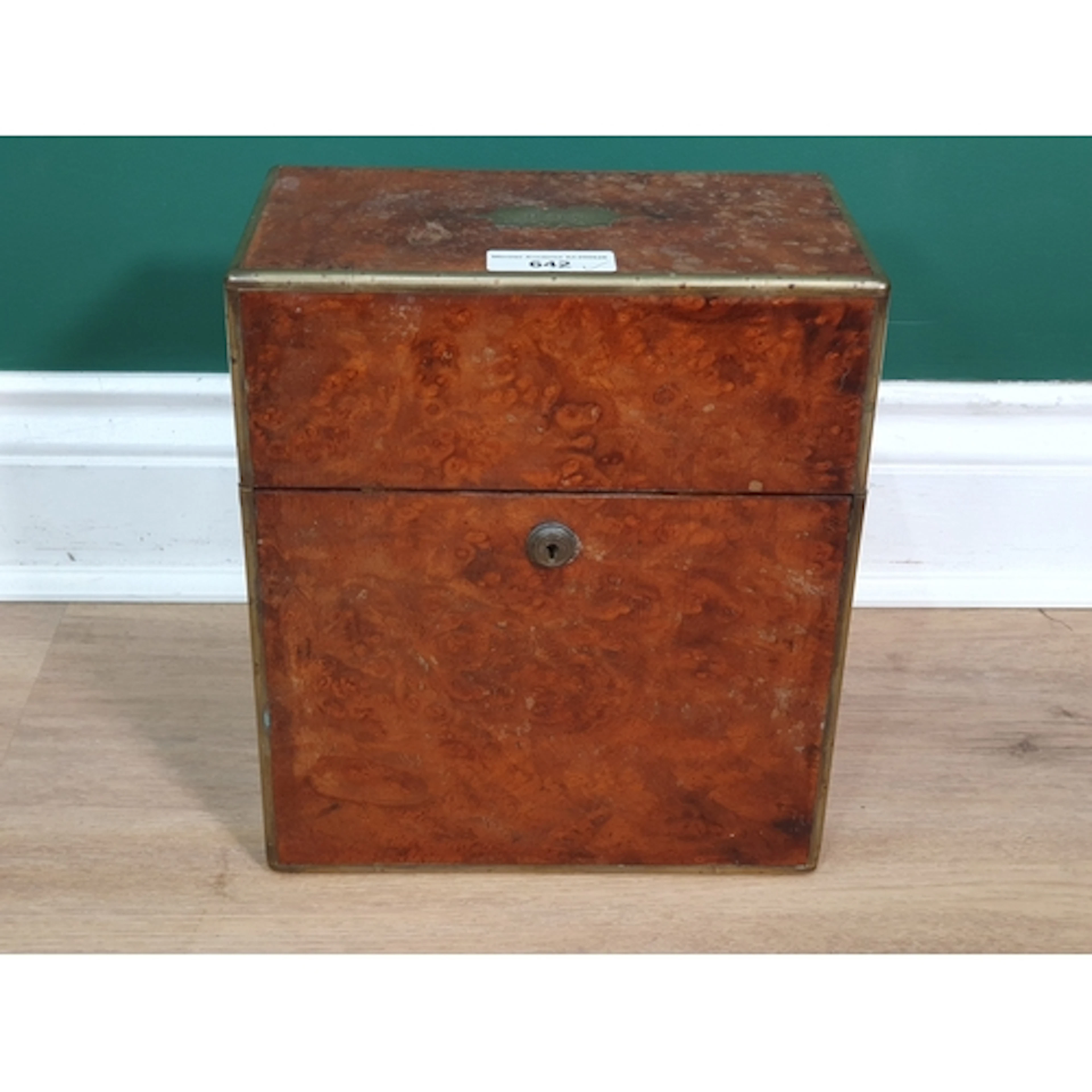 An antique brass bound burr walnut Decanter Box, the lid wit...