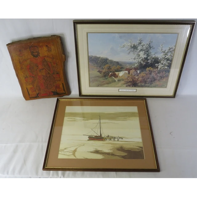 F/g Print Horse & Cart by a boat, F/g print cows in a field ...