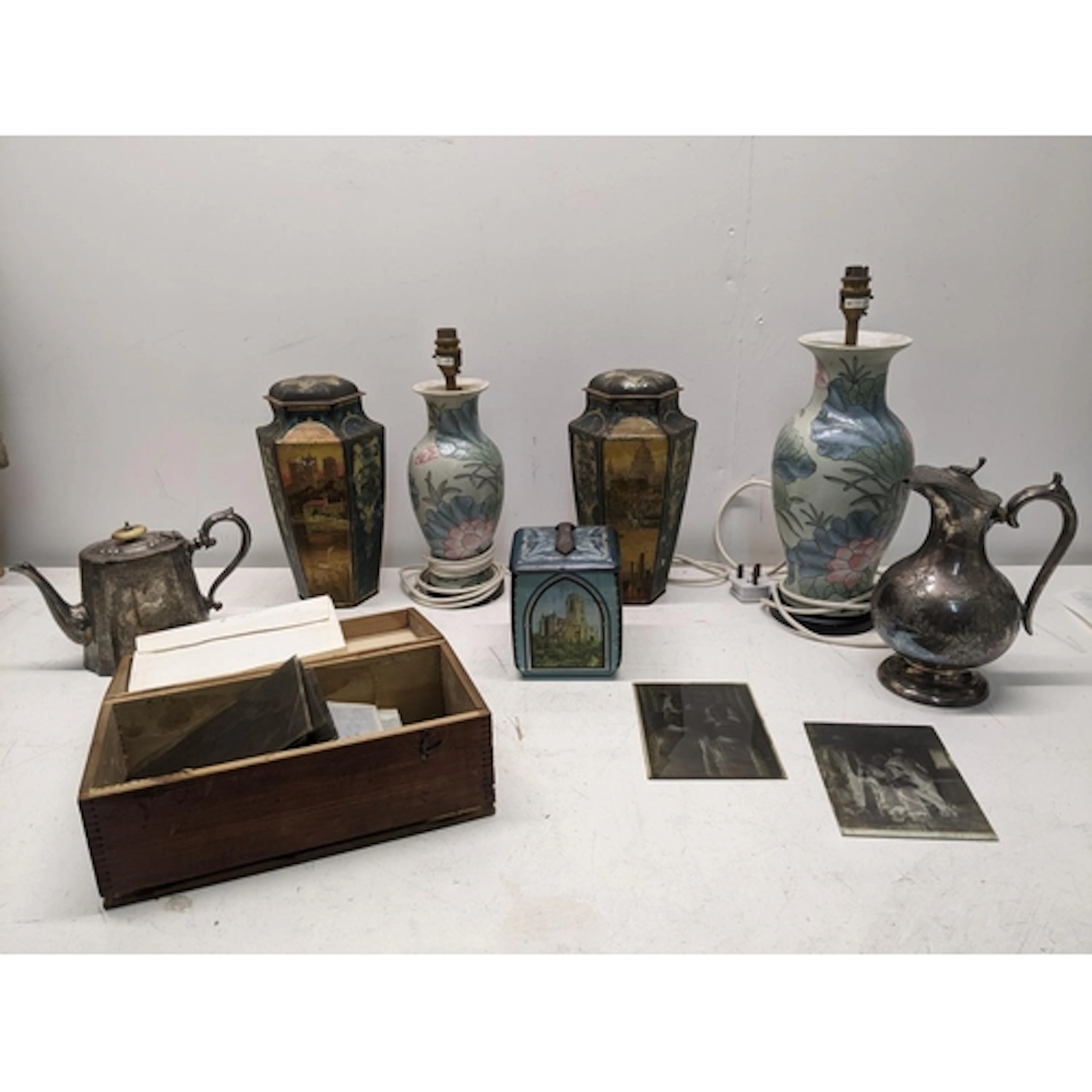 A mixed lot to include a wooden box containing antique glass...
