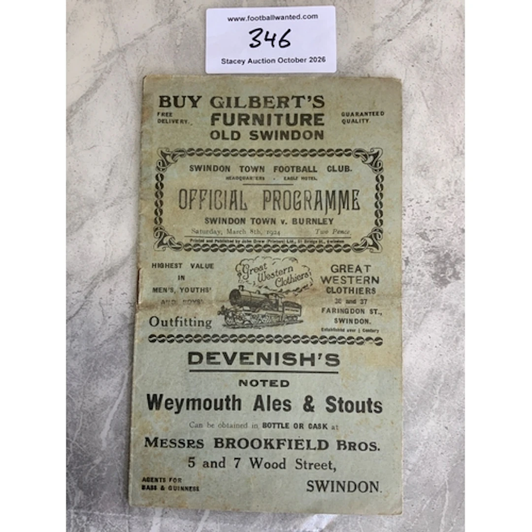1923 - 1924 Swindon Town v Burnley FA Cup Football Programme...