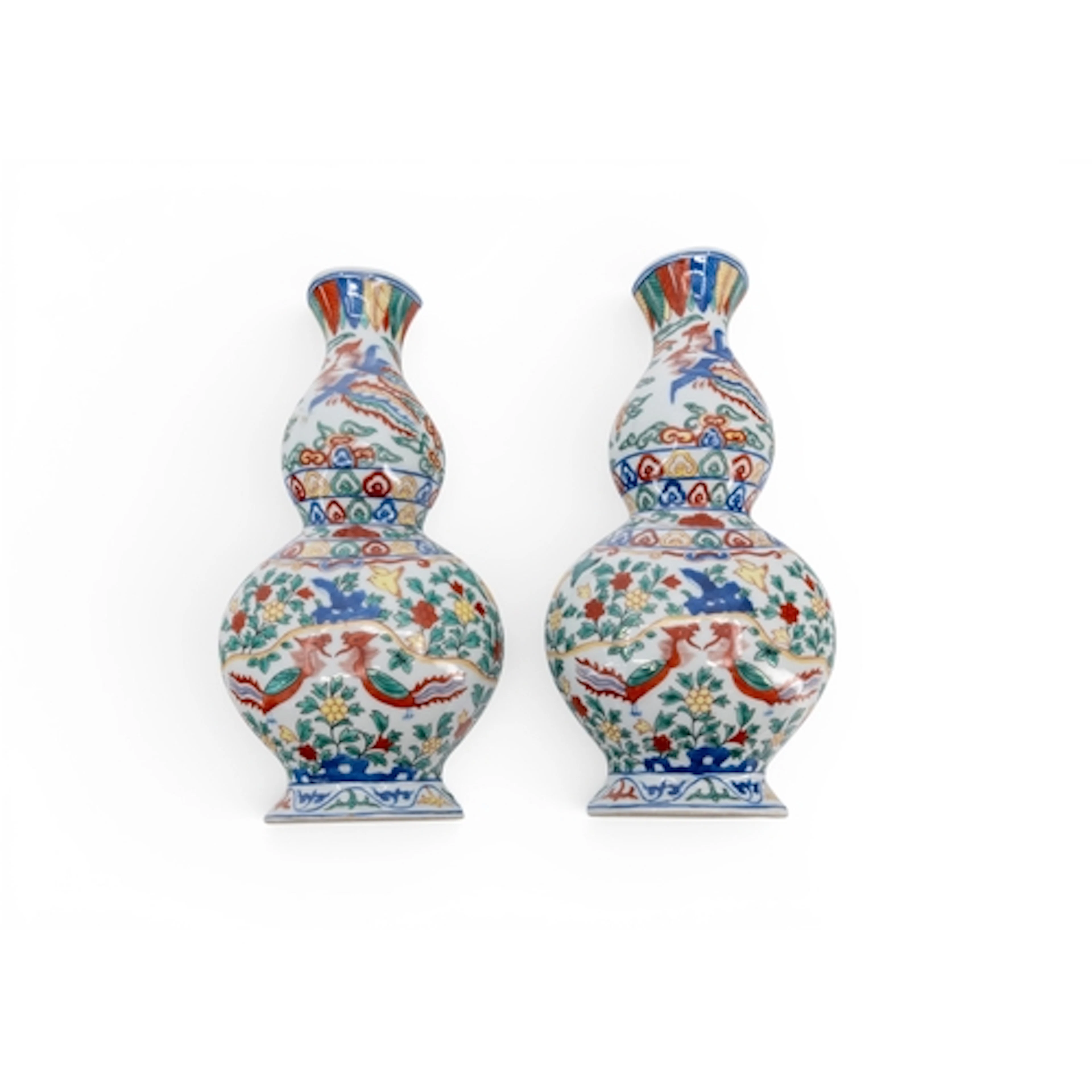A PAIR OF WUCAI DOUBLE-GOURD WALL VASES decorated with Ho-ho...