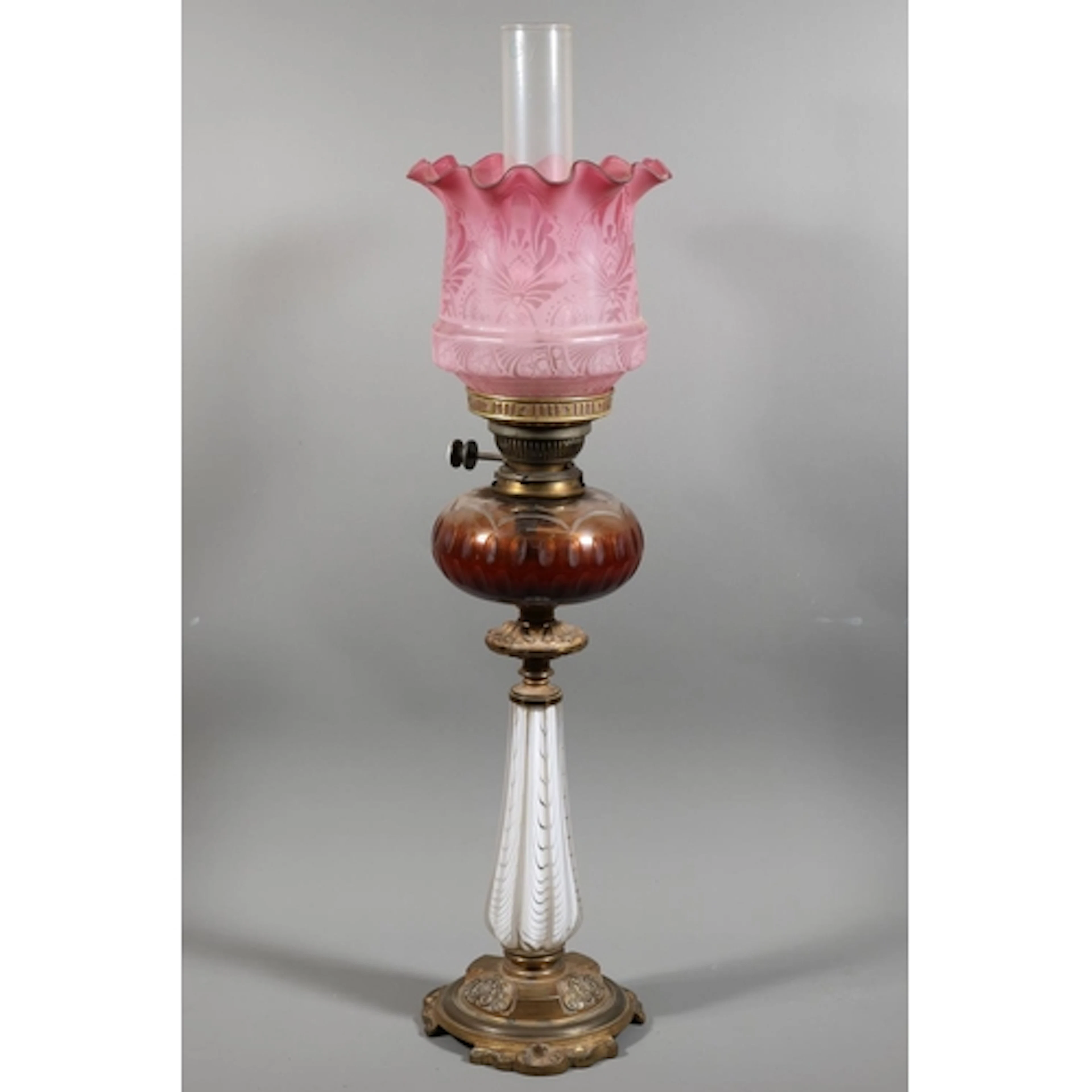 Victorian Hinks Duplex No.2 paraffin lamp cranberry etched f...