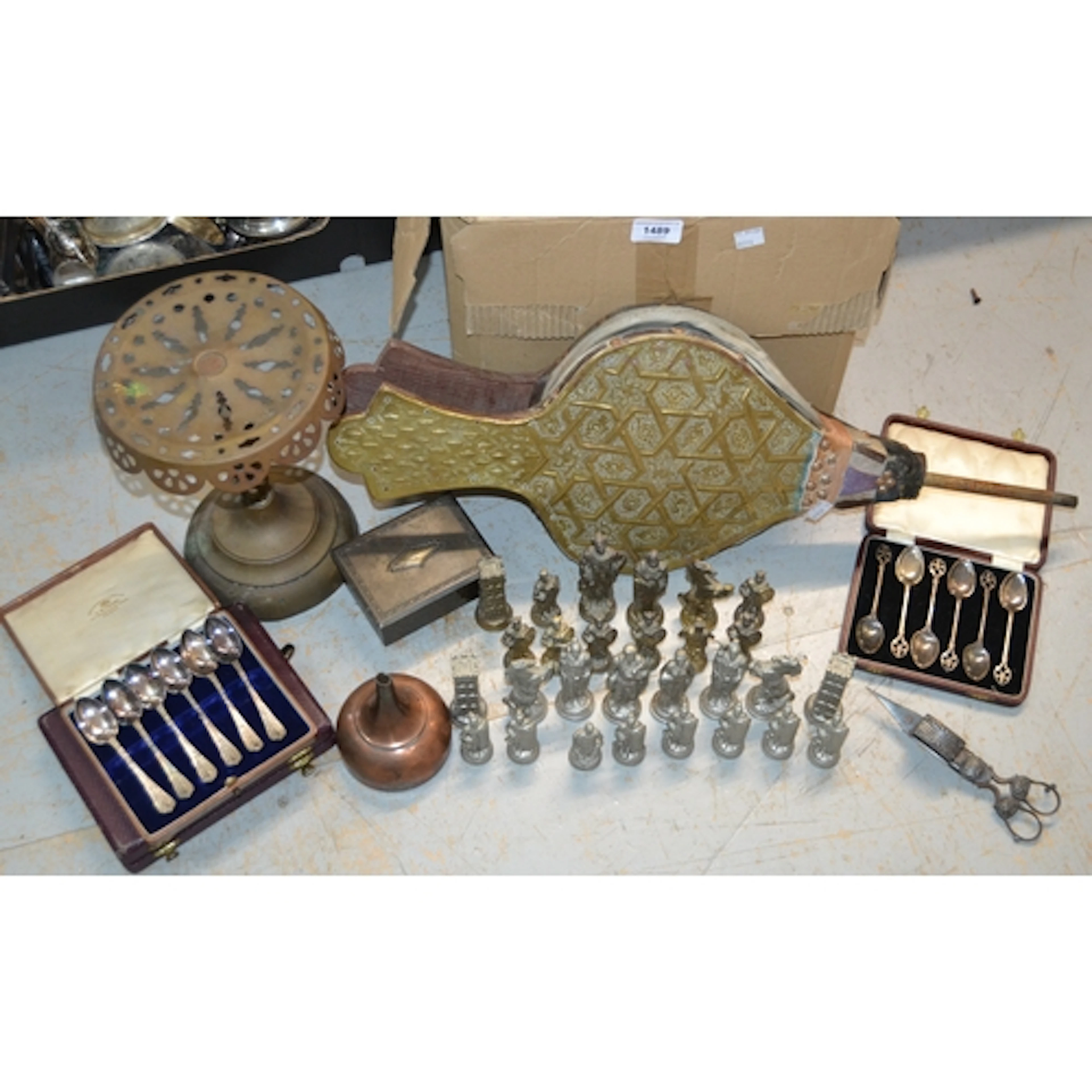 Circular brass stand, Lucas Ltd copper funnel, part metal ch...