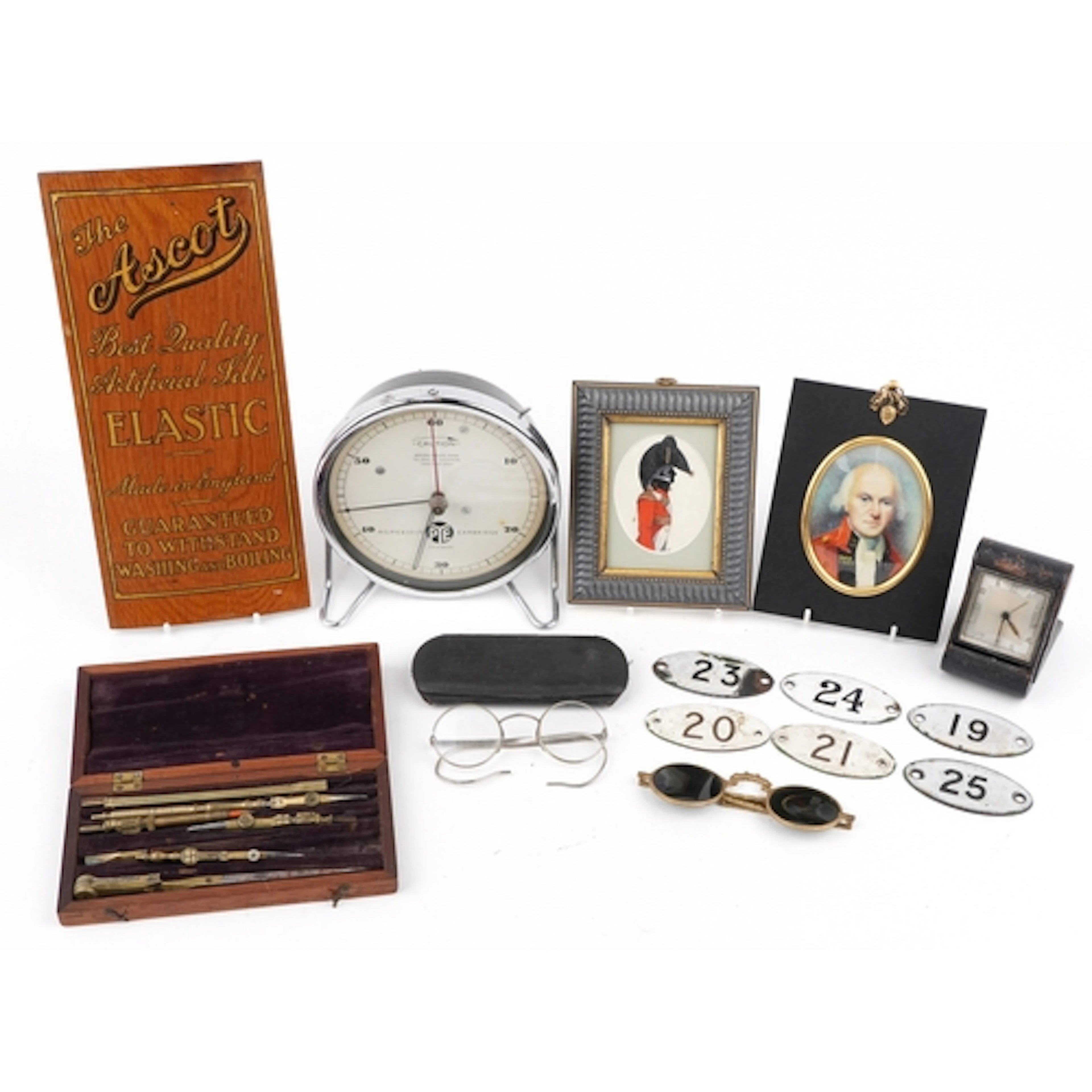 Sundry items including a Pye alarm clock, portrait miniature...