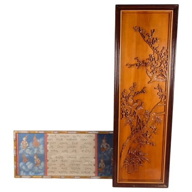 A Chinese relief carved wall plaque, H102cm, and 3 Indian pa...
