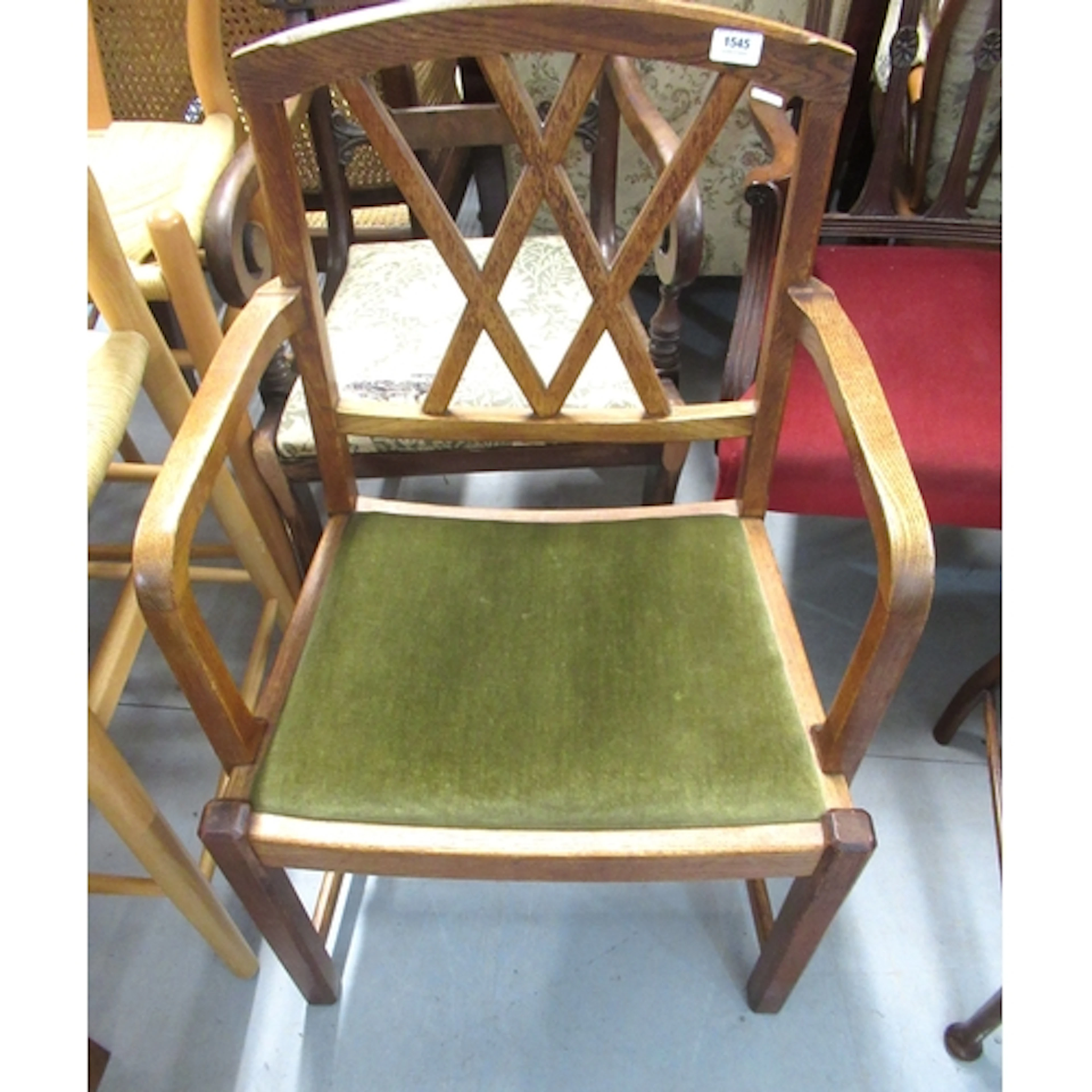 Mid Century oak open armchair (possibly Gordon Russell), tog...