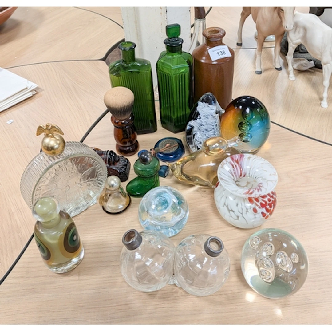 Collectables to include glass paperweights, chemist bottles,...