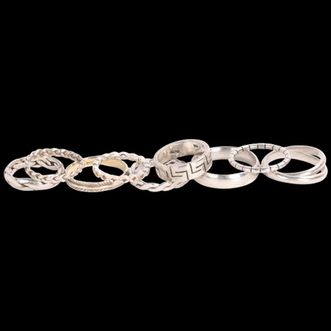 9 Danish silver band rings, makers include HHans Henrik Nyga...