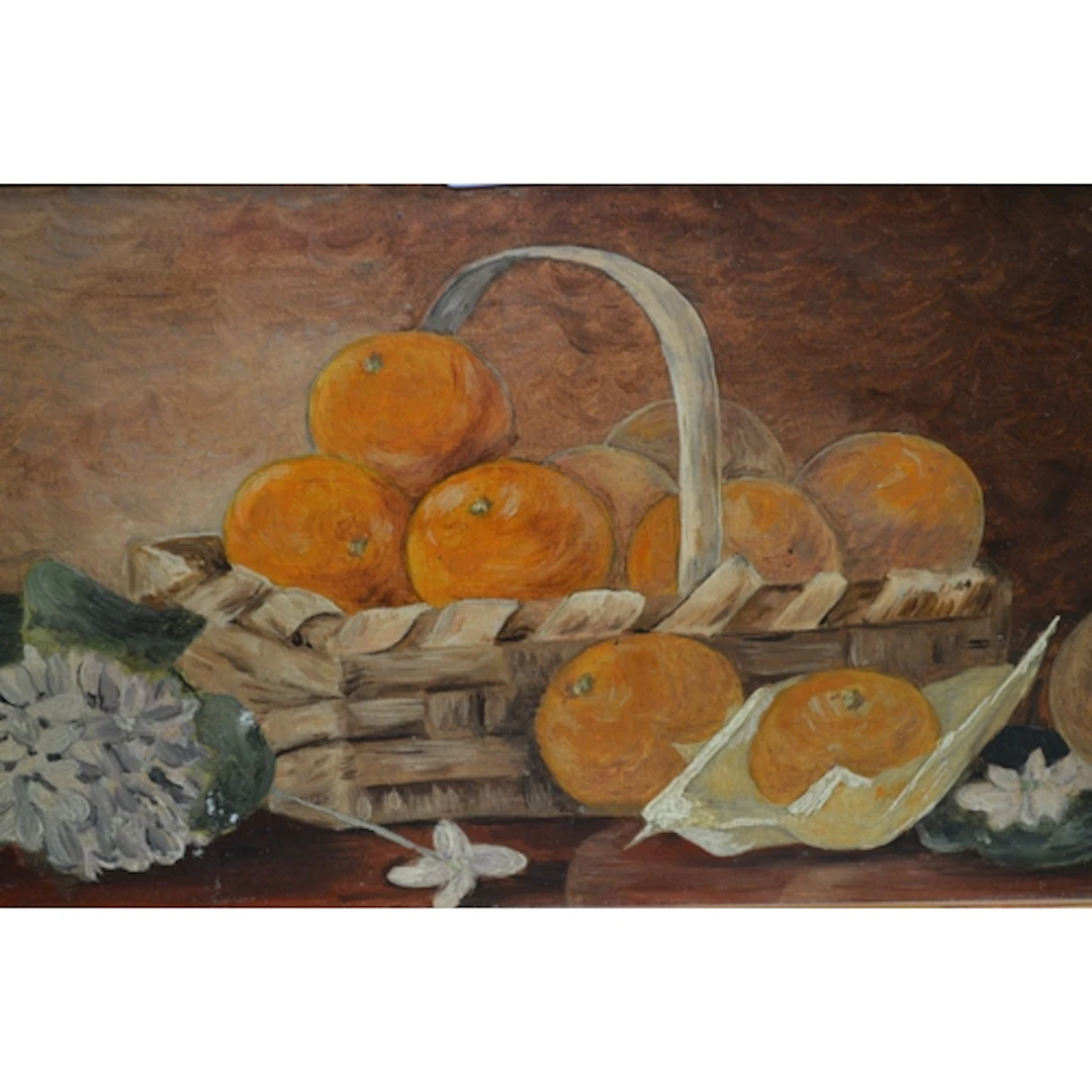 Pair of oil paintings on board, still life with oranges, sig...