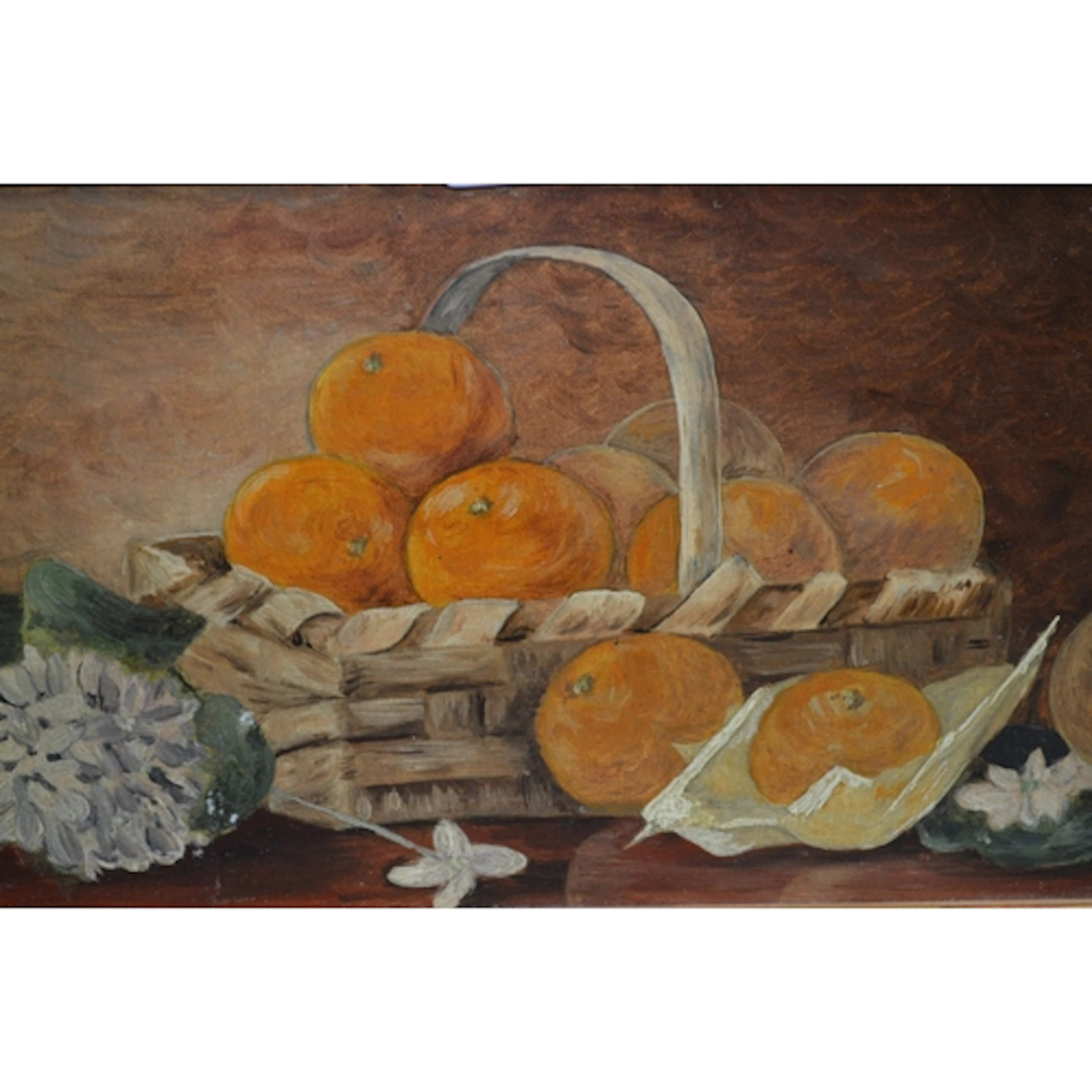 Pair of oil paintings on board, still life with oranges, sig...