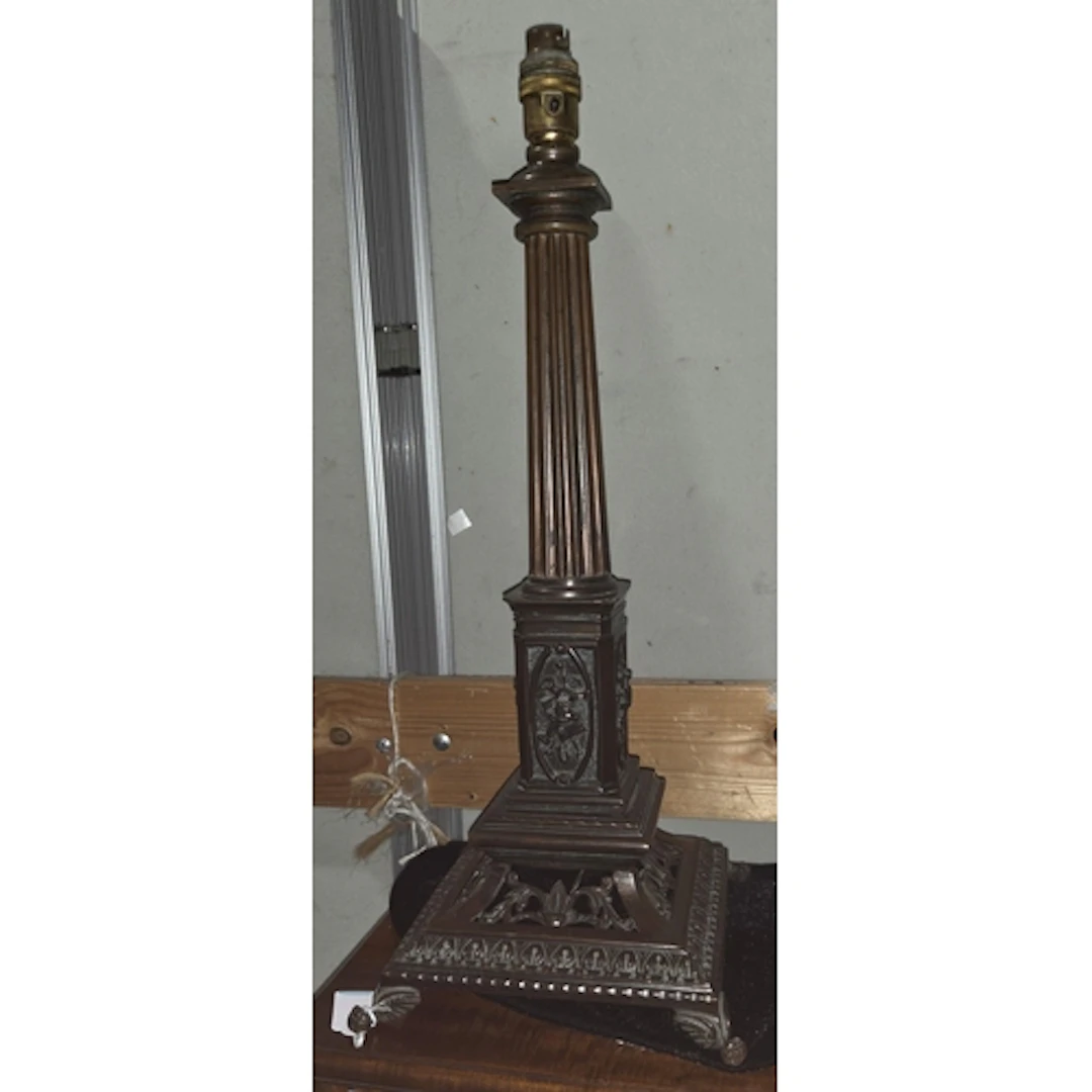 A VINTAGE LAMP BASE, cast bronze with fluted column, quatref...