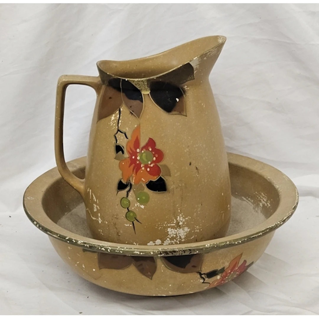 Vintage Pitcher & Basin, red/orange flowers, pitcher marked ...