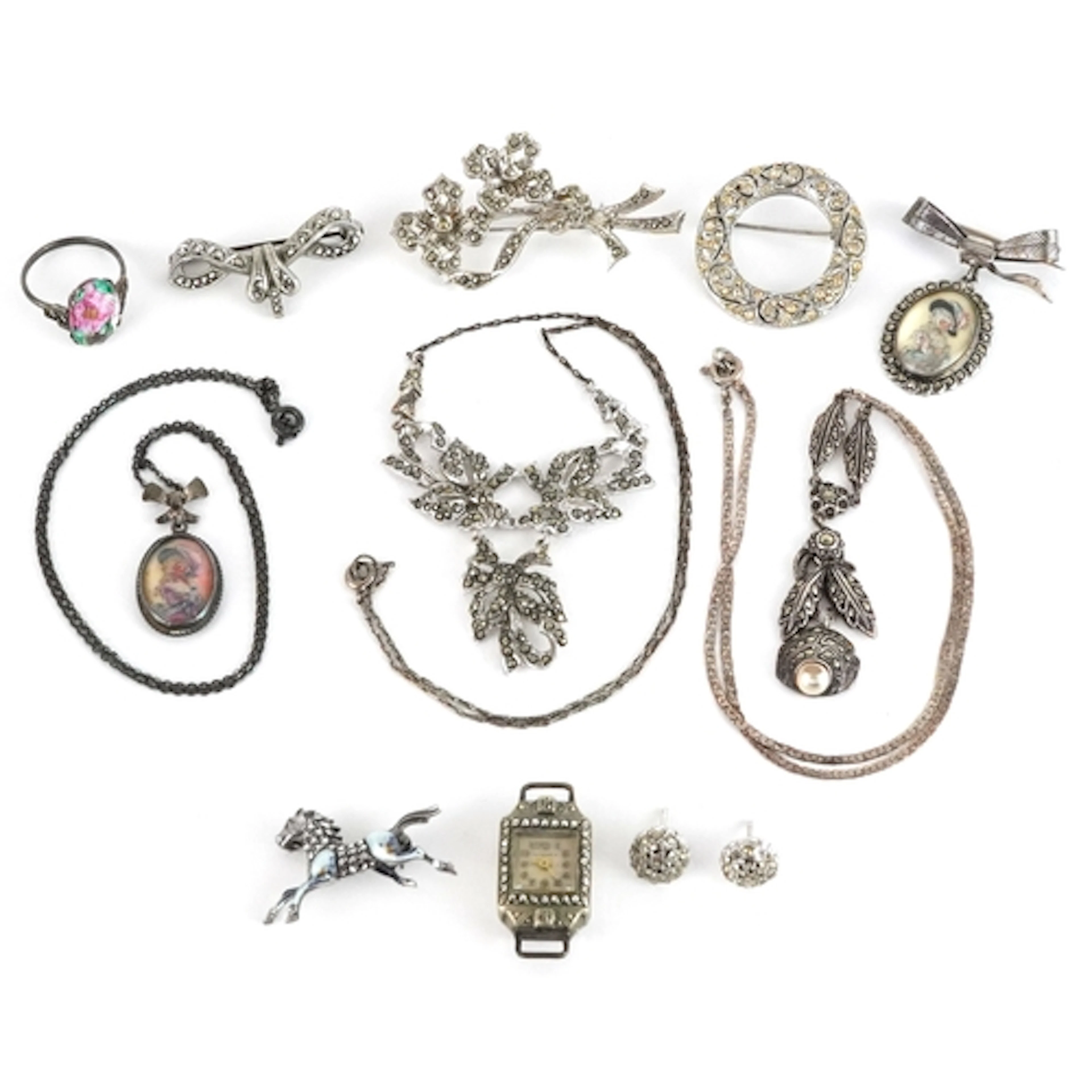 Silver and white metal marcasite jewellery including necklac...