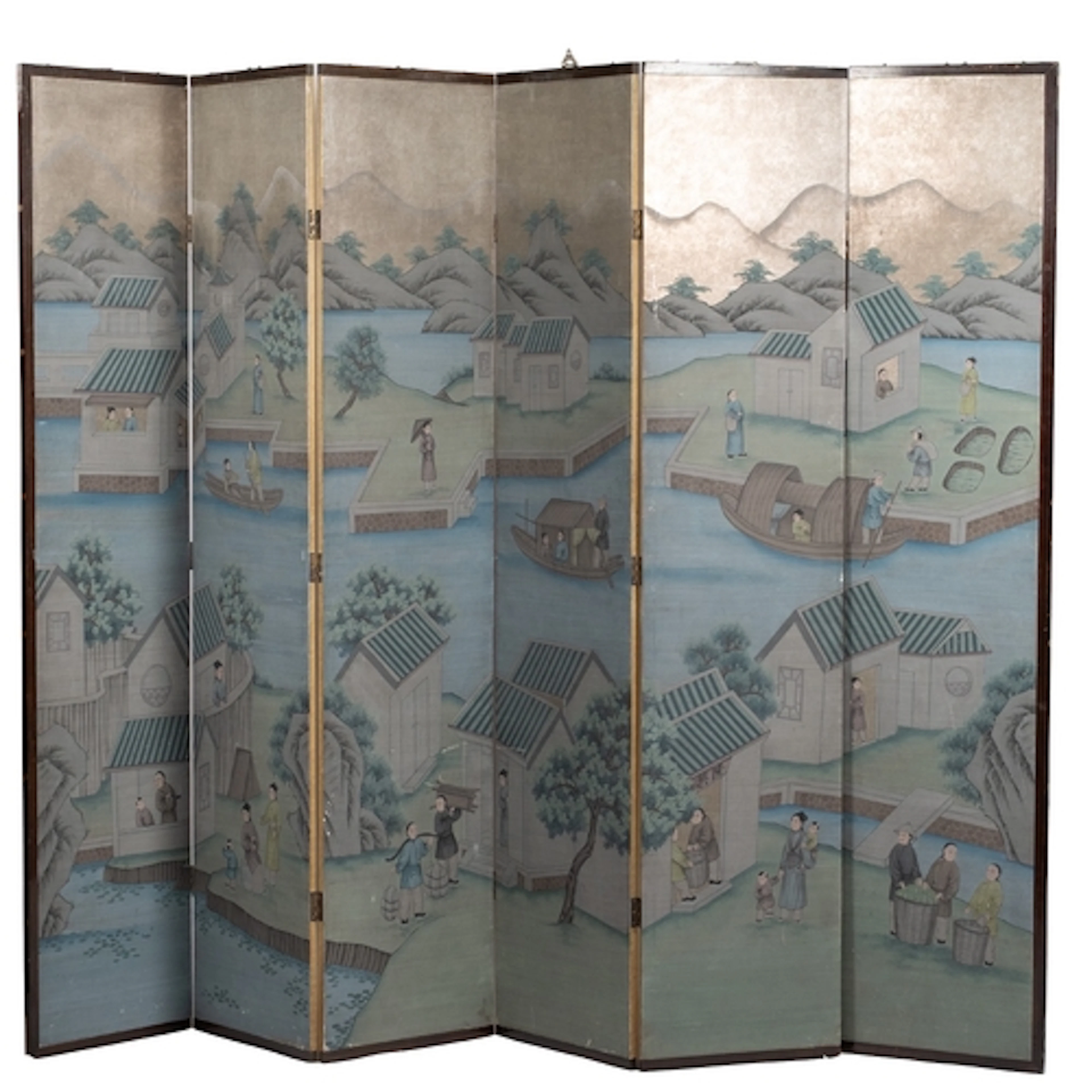 A Chinese painted paper covered six-fold room screen, 20th c...