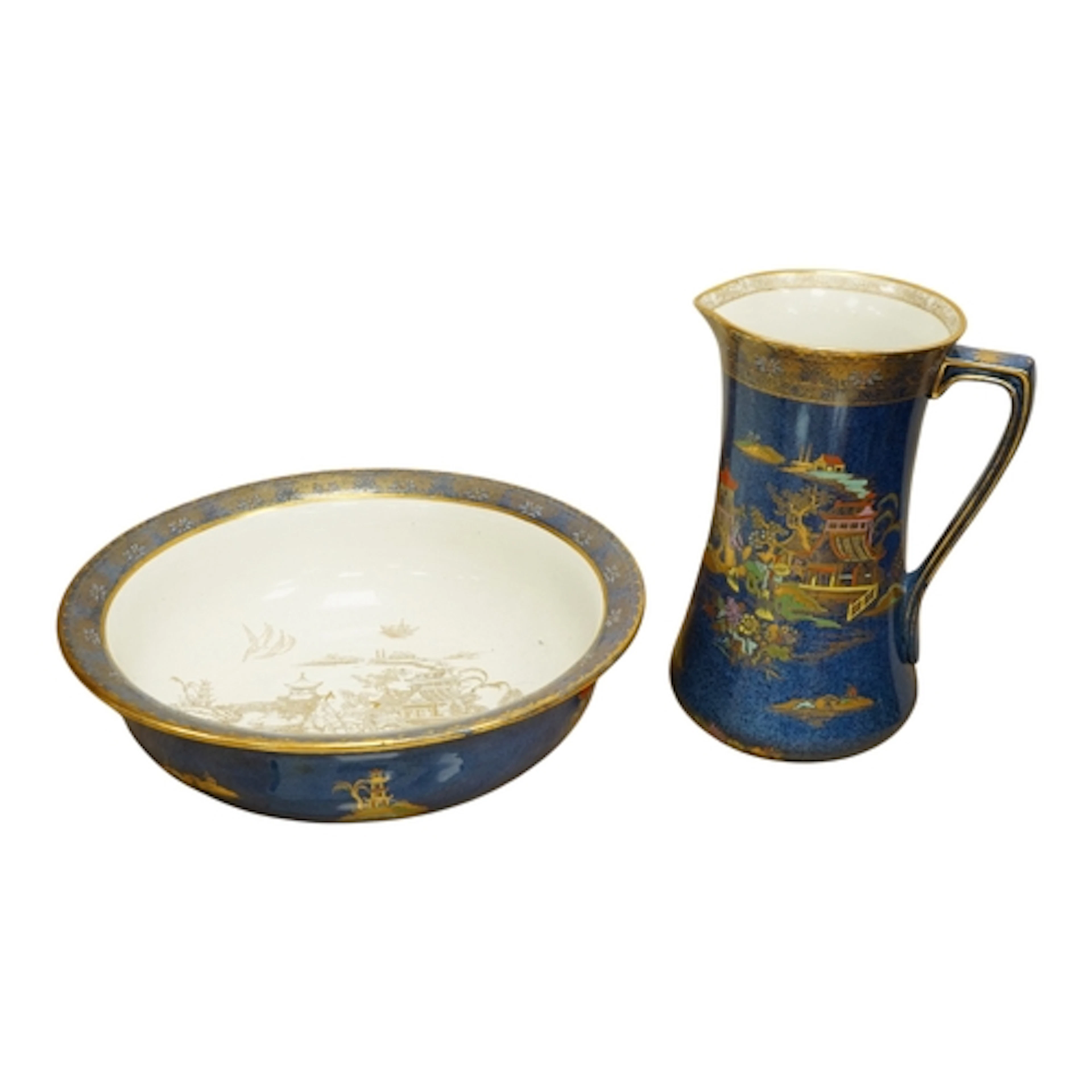 A Carlton ware chinoiserie wash jug and basin, 39cm in diame...