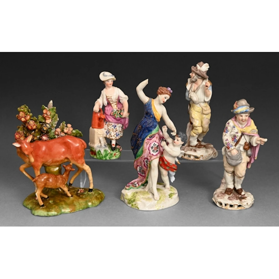 Four continental porcelain figures, after the Derby original...