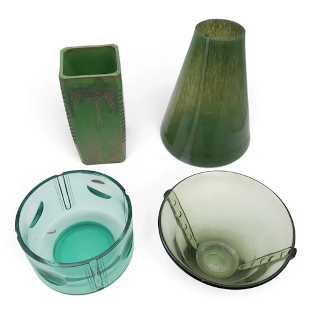 A 20th century tapering green glass vase, a slab built vase ...