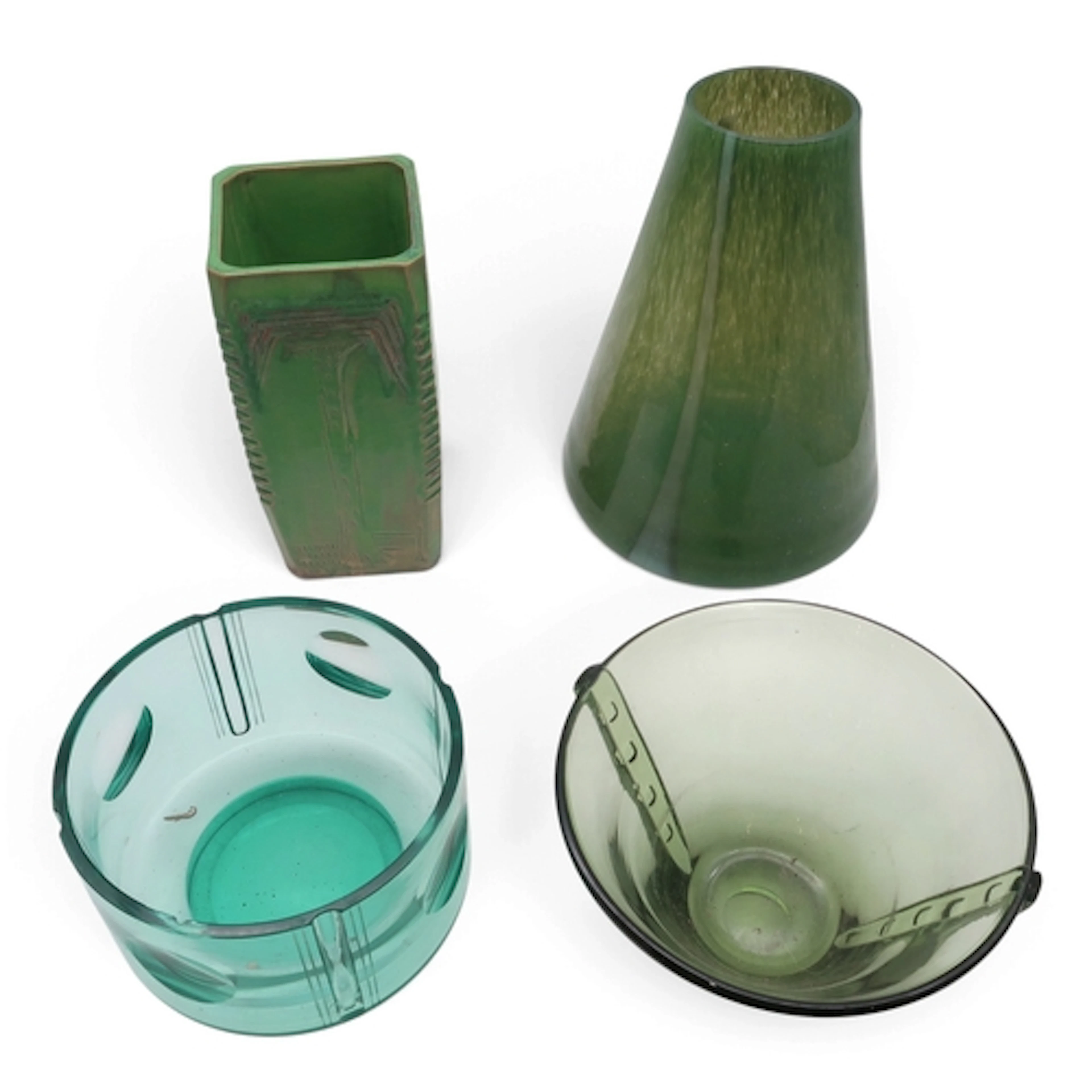 A 20th century tapering green glass vase, a slab built vase ...