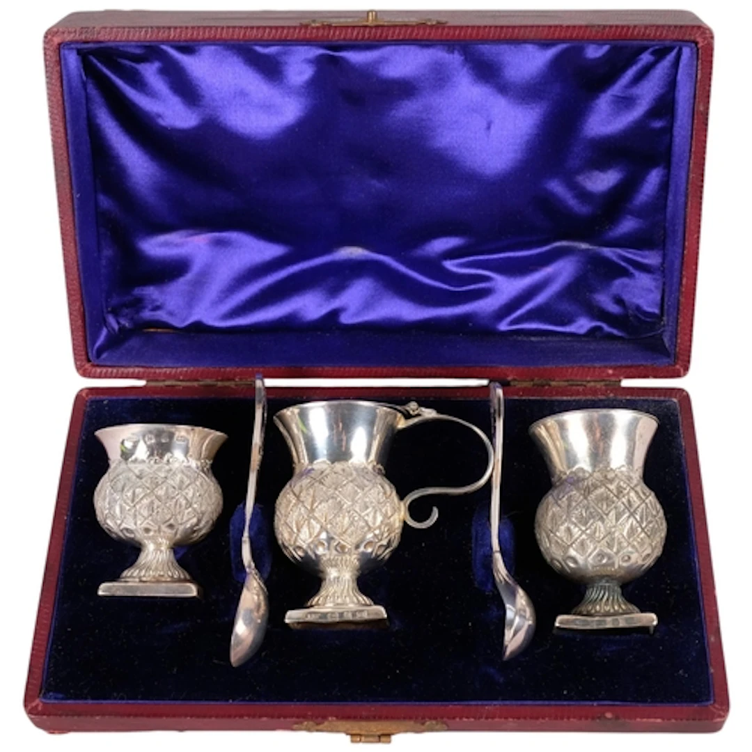 A Victorian silver 'Thistle' 3-piece cruet set, William Henr...