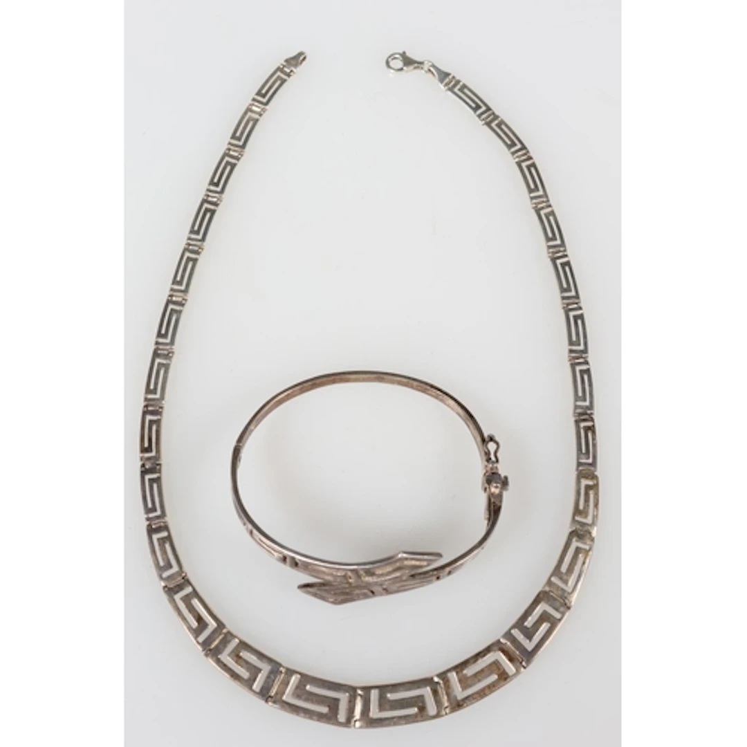 Sterling silver Greek Key pattern bracelet and matching neck...