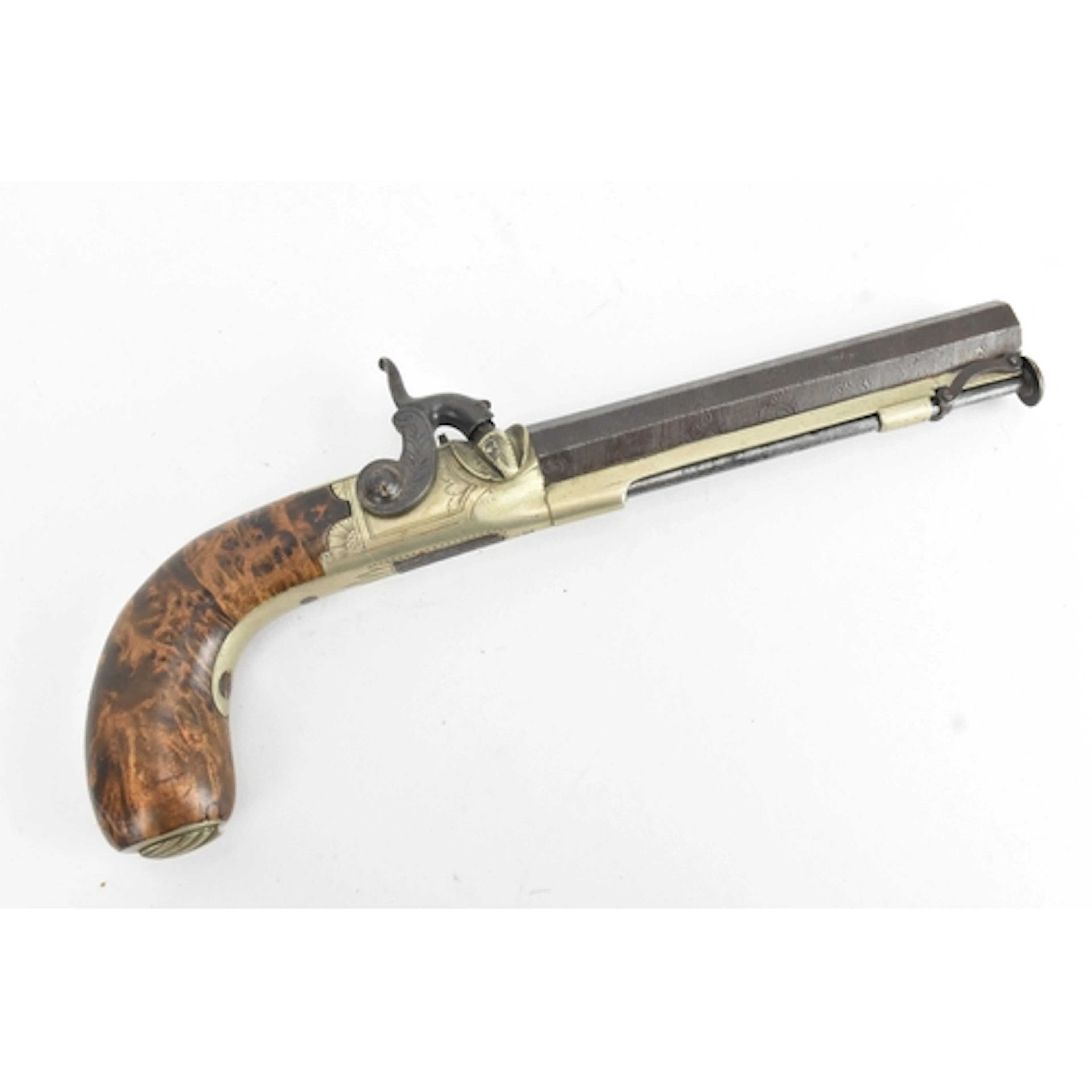 A 19th century Belgian percussion pistol, the Damascus barre...