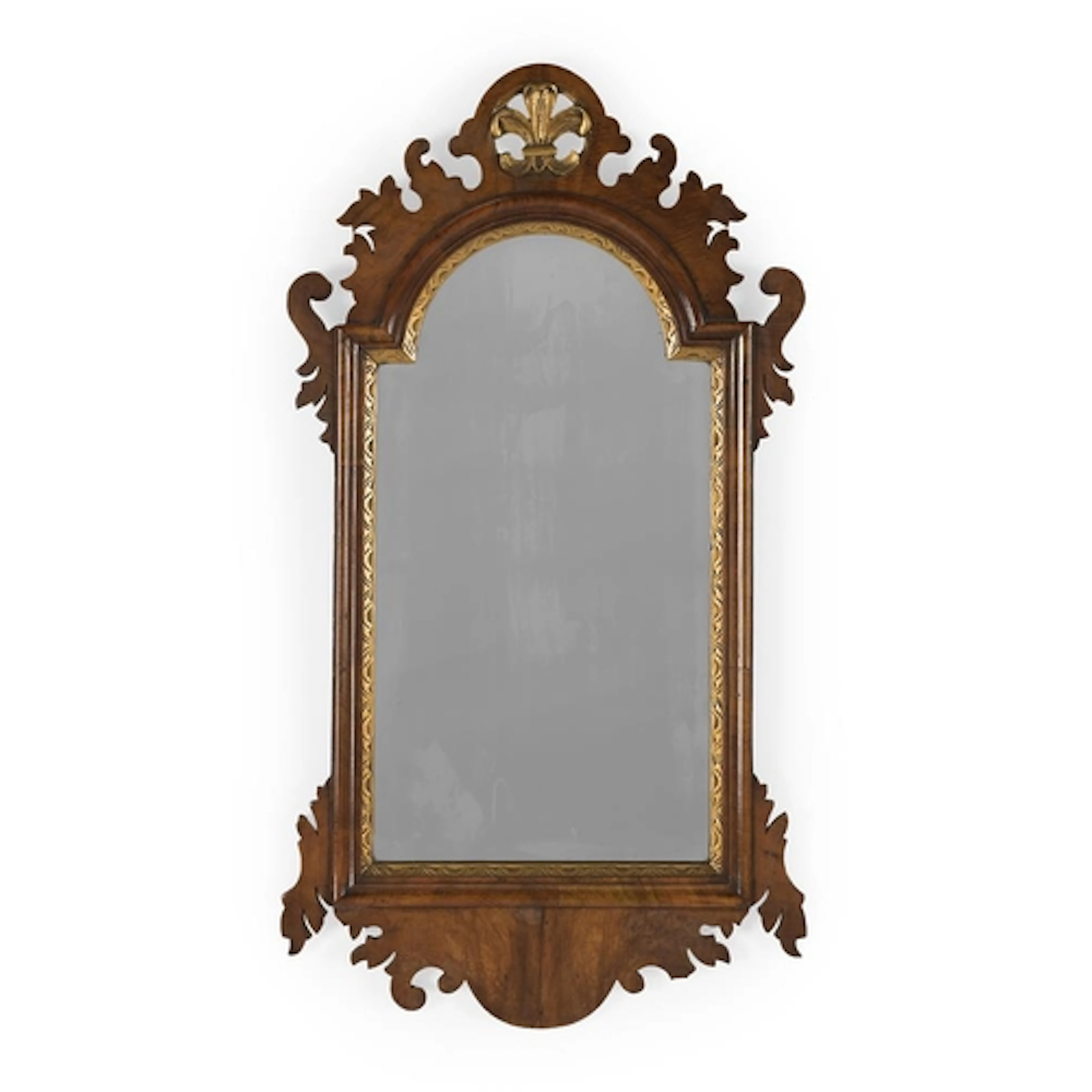 A walnut and parcel gilt mirror, in George II style, early 2...