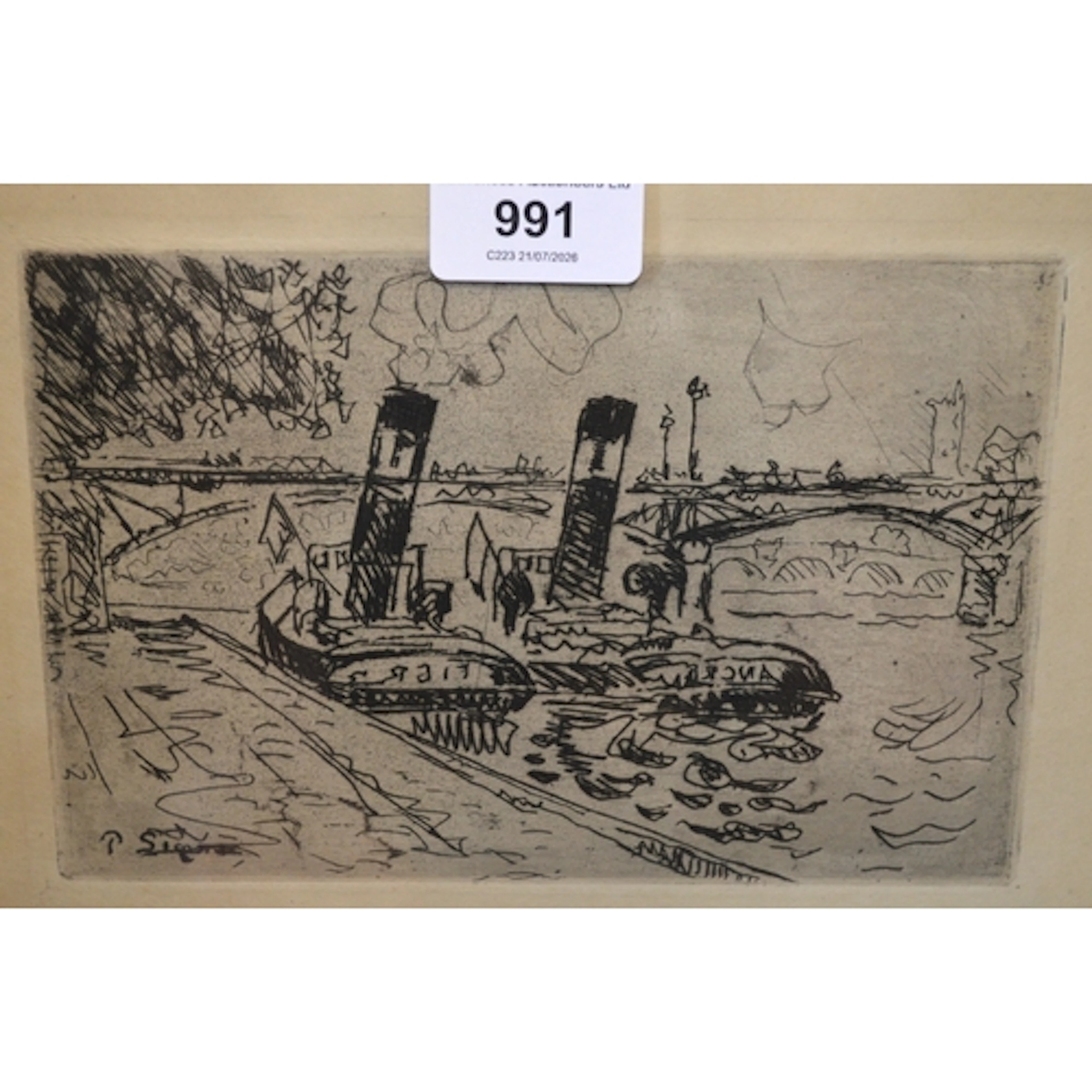 Paul Signac, etching, steam boats on The Seine, signed withi...
