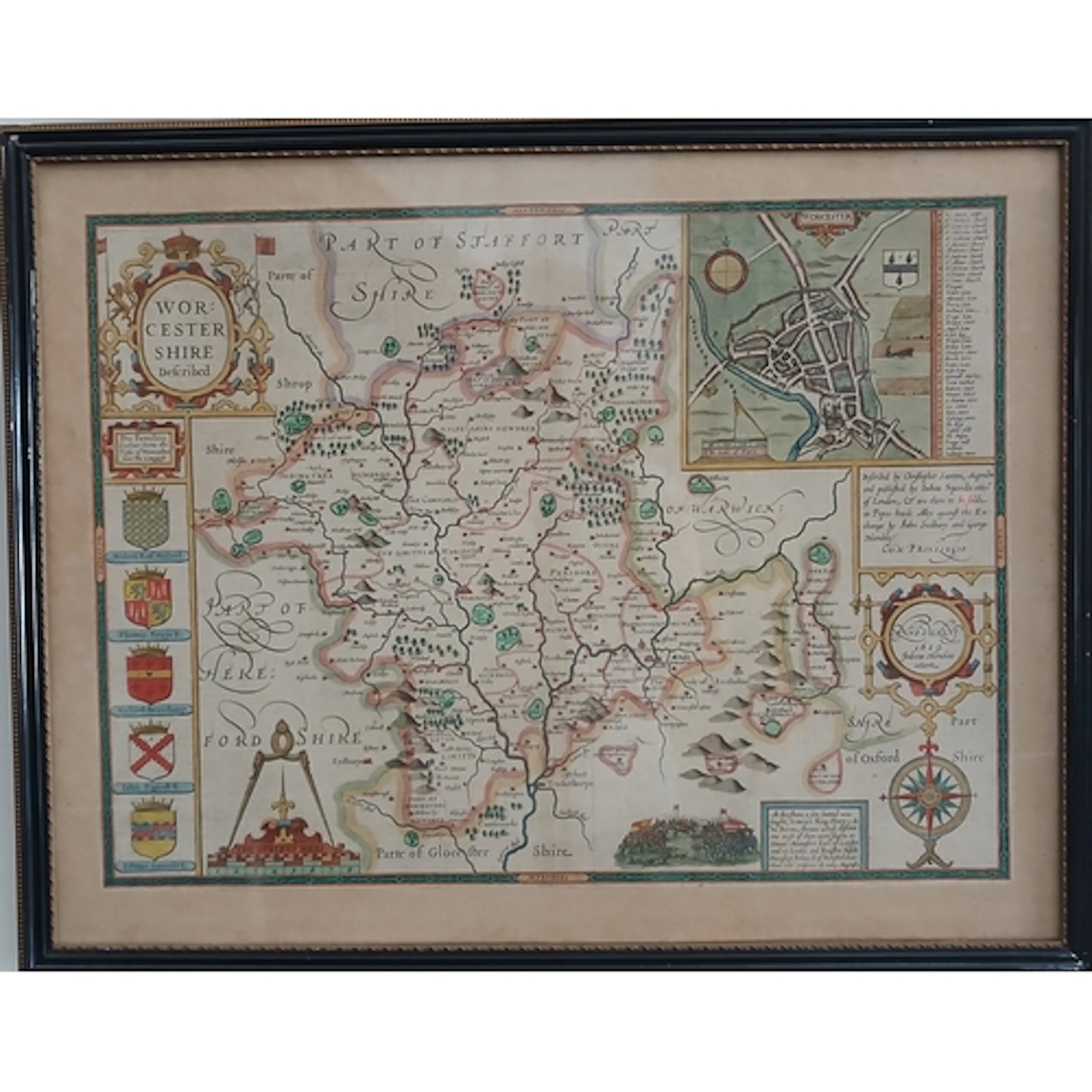 John Speed, Worcestershire, circa 1660, later coloured, 38cm...
