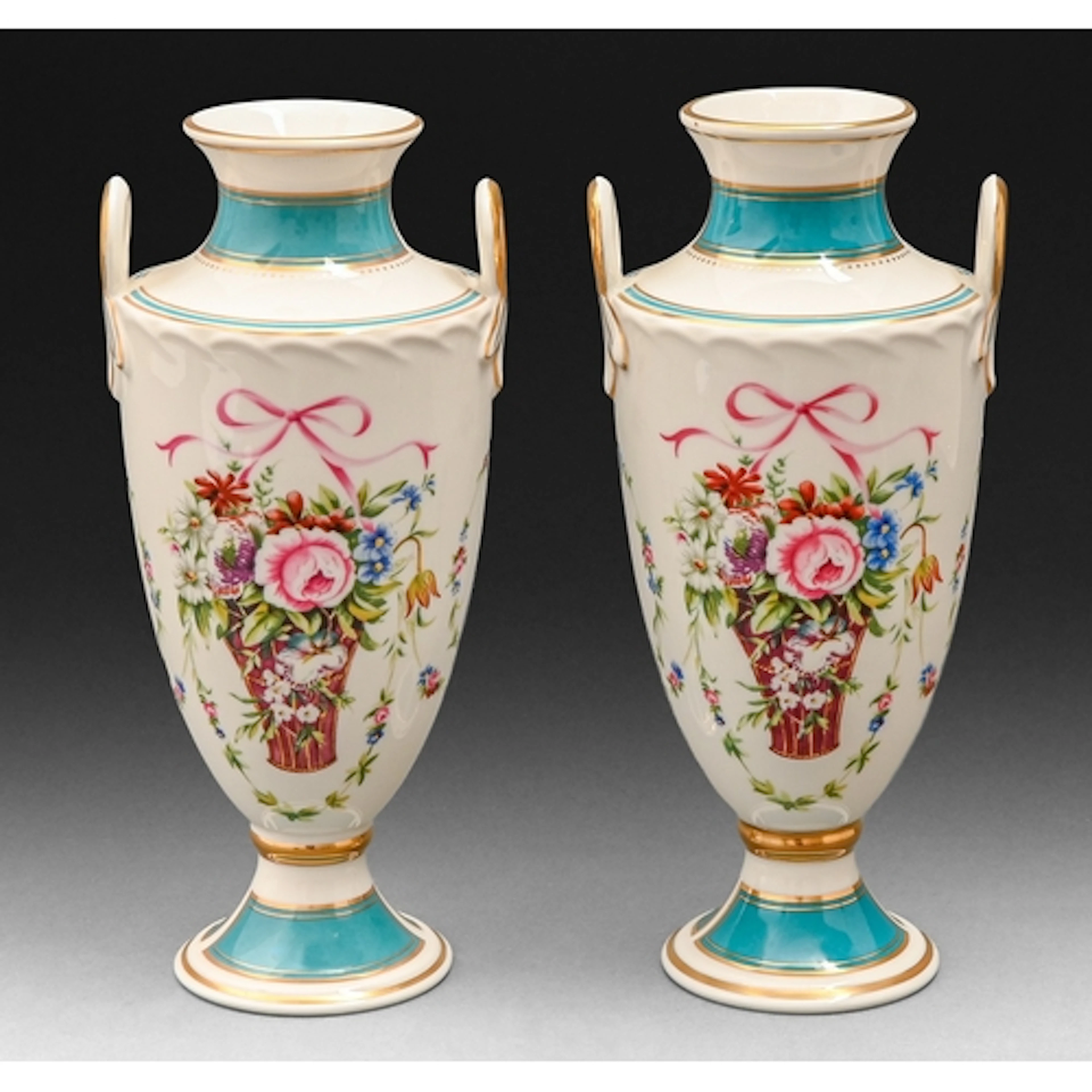 A pair of Minton bone china Rose Basket pattern vases, 1993,...