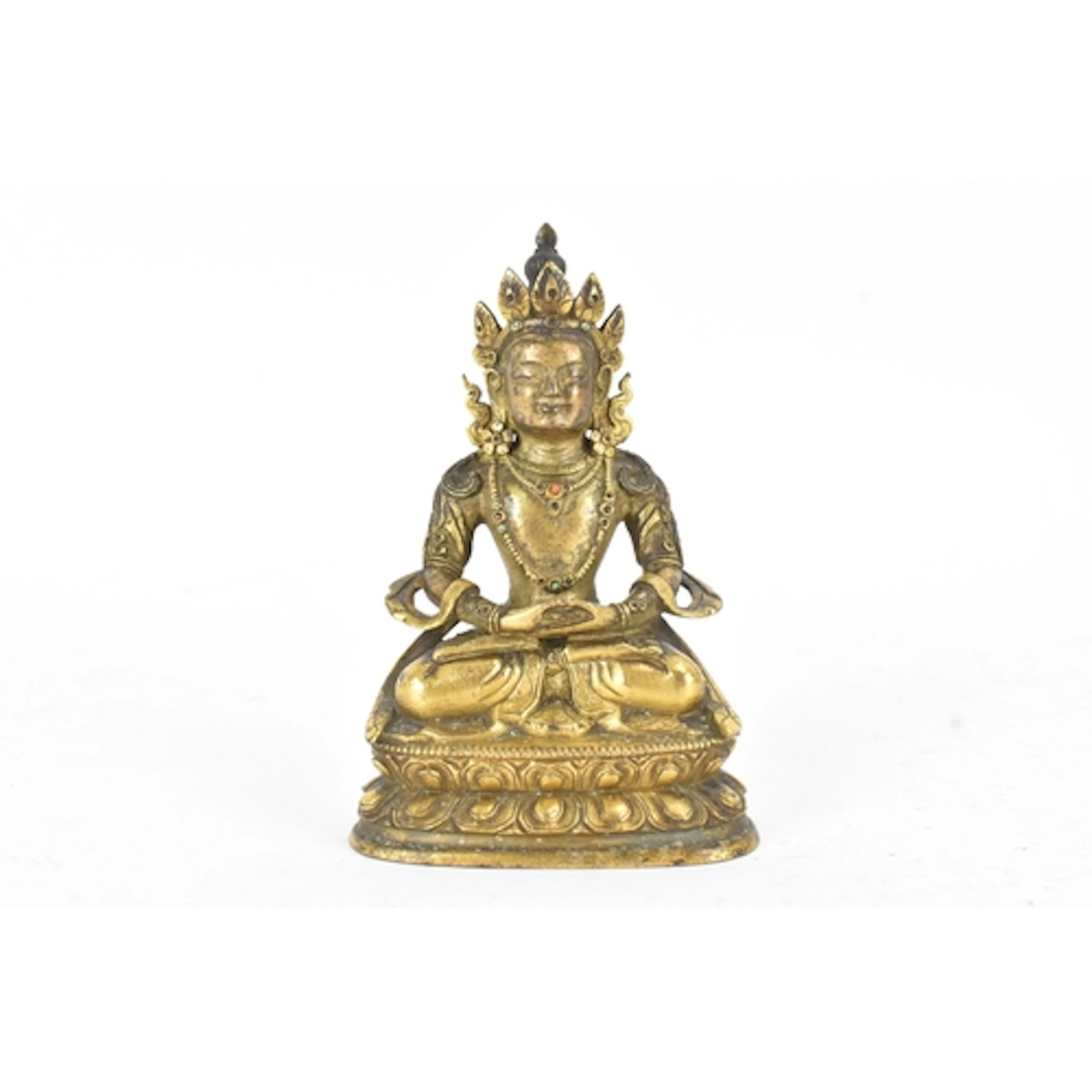 A Tibetan gilt-bronze figure of Amitayus, Qing dynasty, seat...