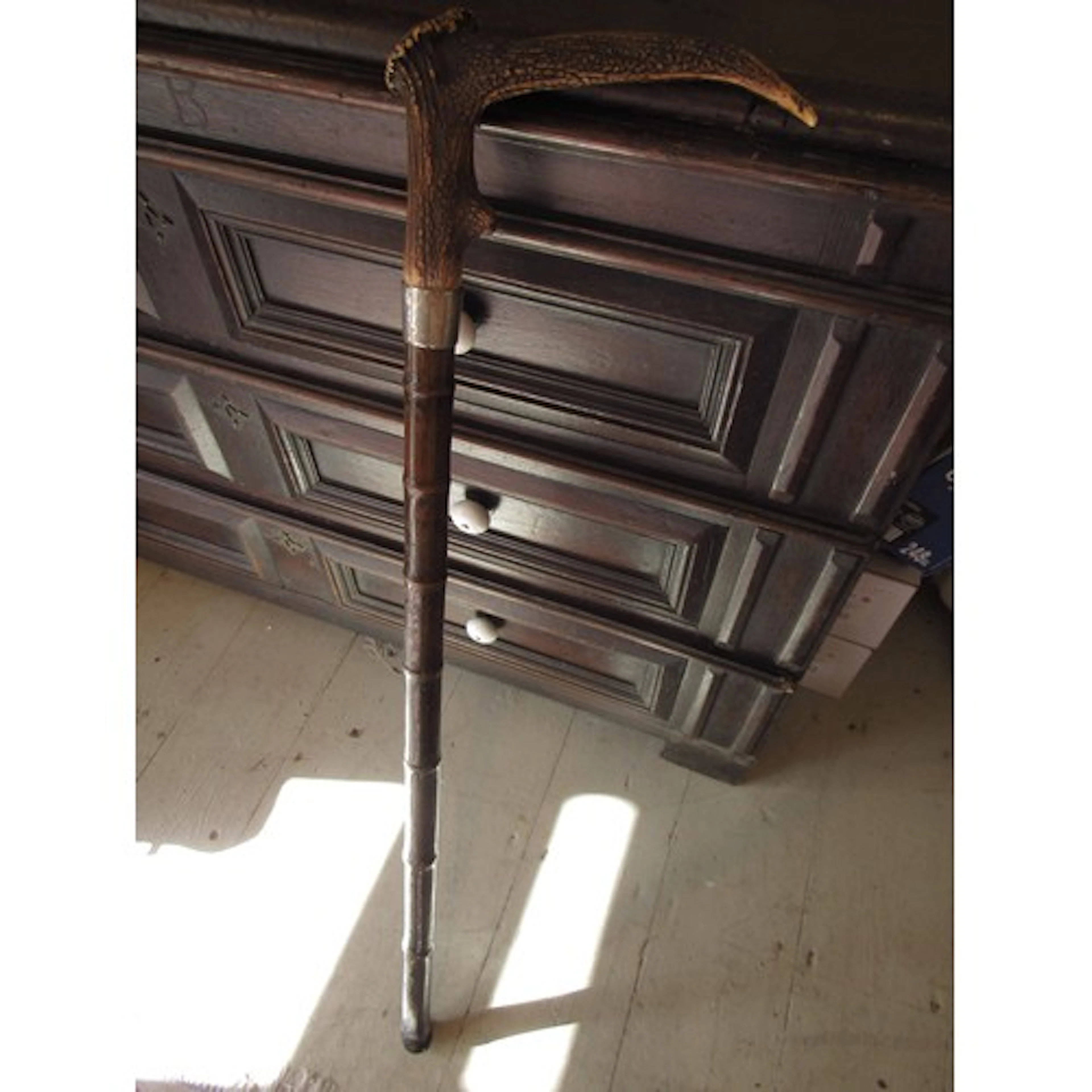 Antique Antler Horn Handled Silver Collar Mounted Walking St...