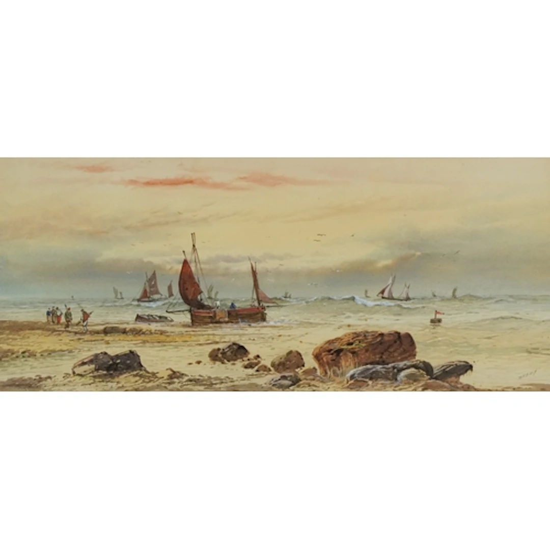 Moored fishing boats, 19th/20th century watercolour, bearing...