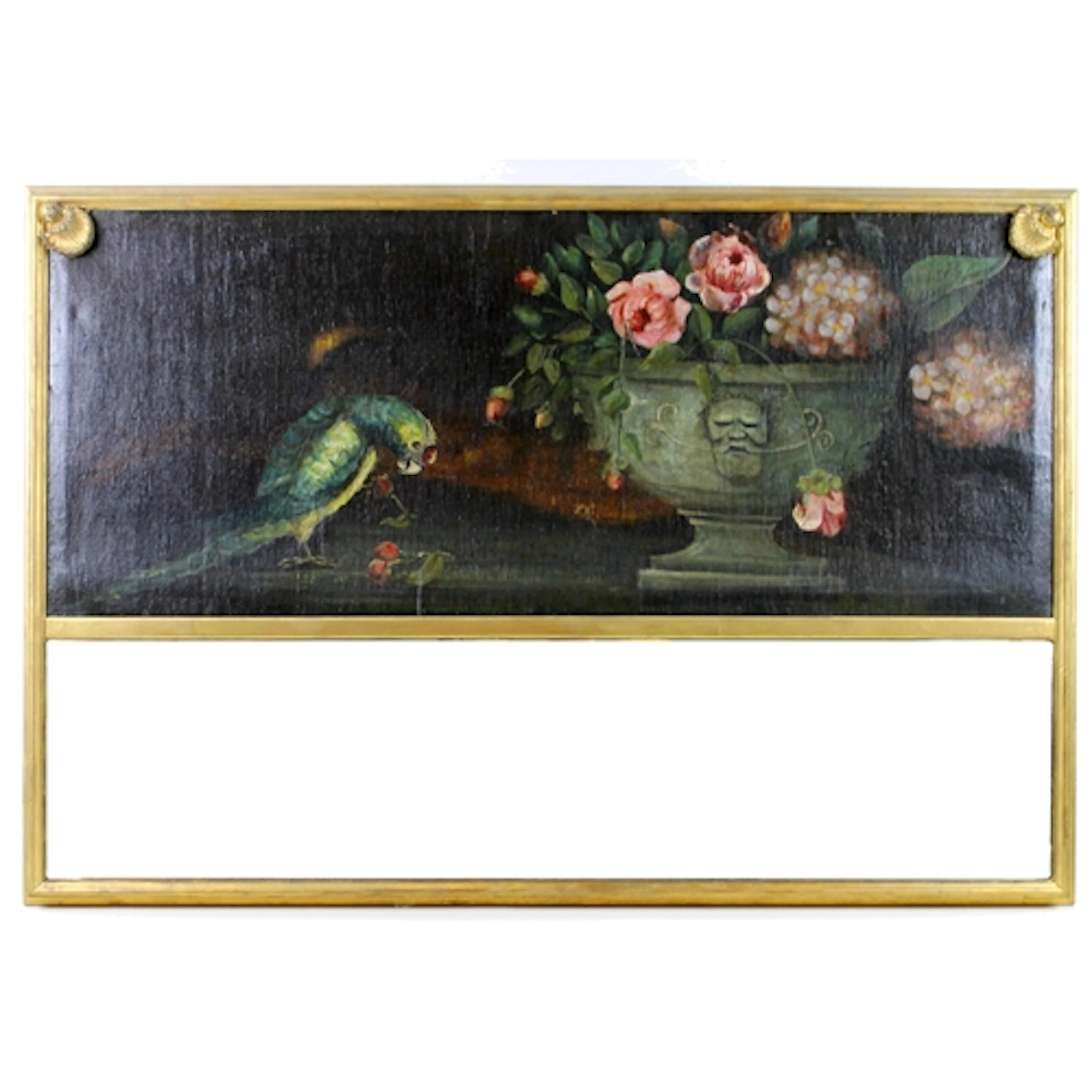 AN EARLY 19TH CENTURY TRUMEAU MIRROR. the gilt frame with in...